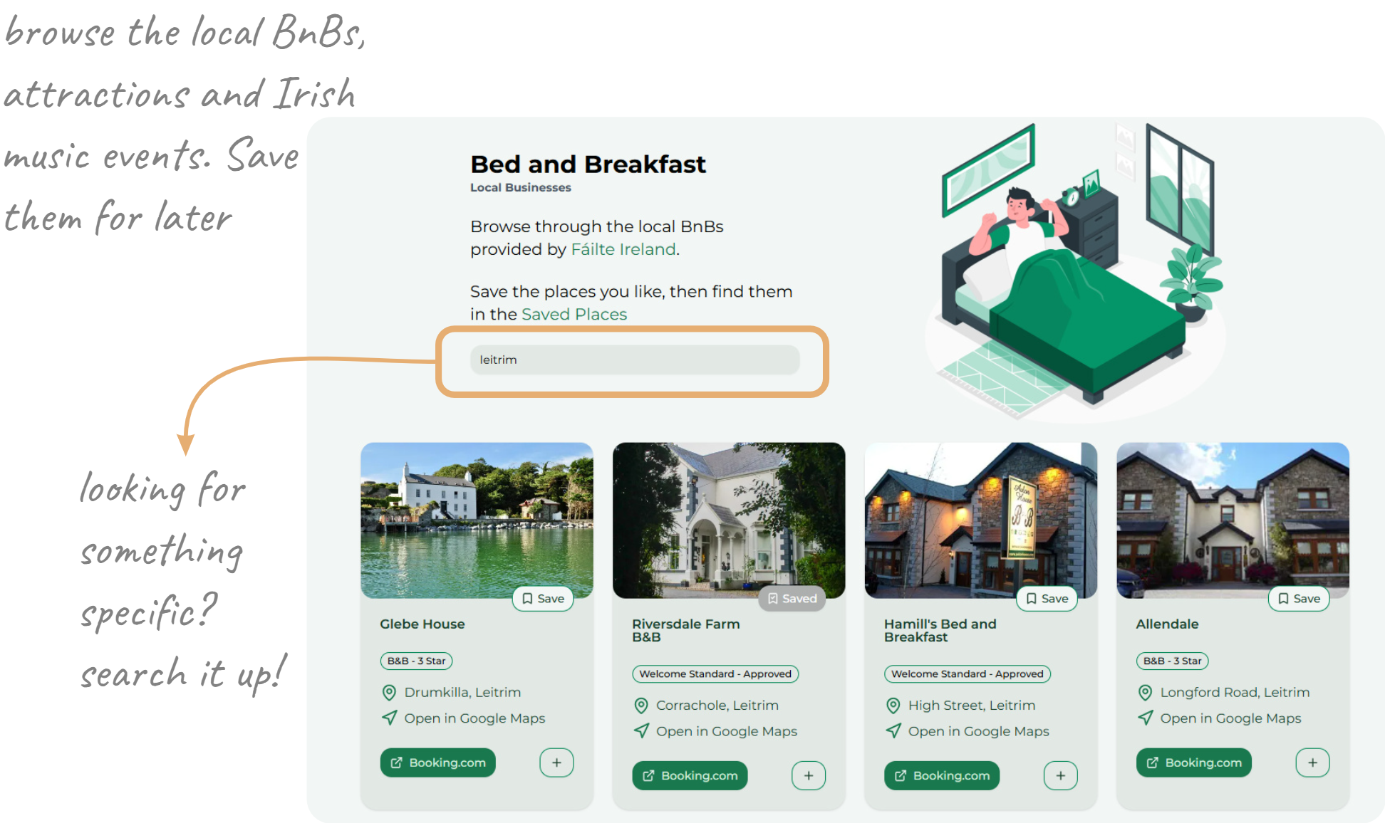 Image showing the BnBs that can be browsed. Search for something specific. Browse through the attractions, music events and local BnBs. Save them for later