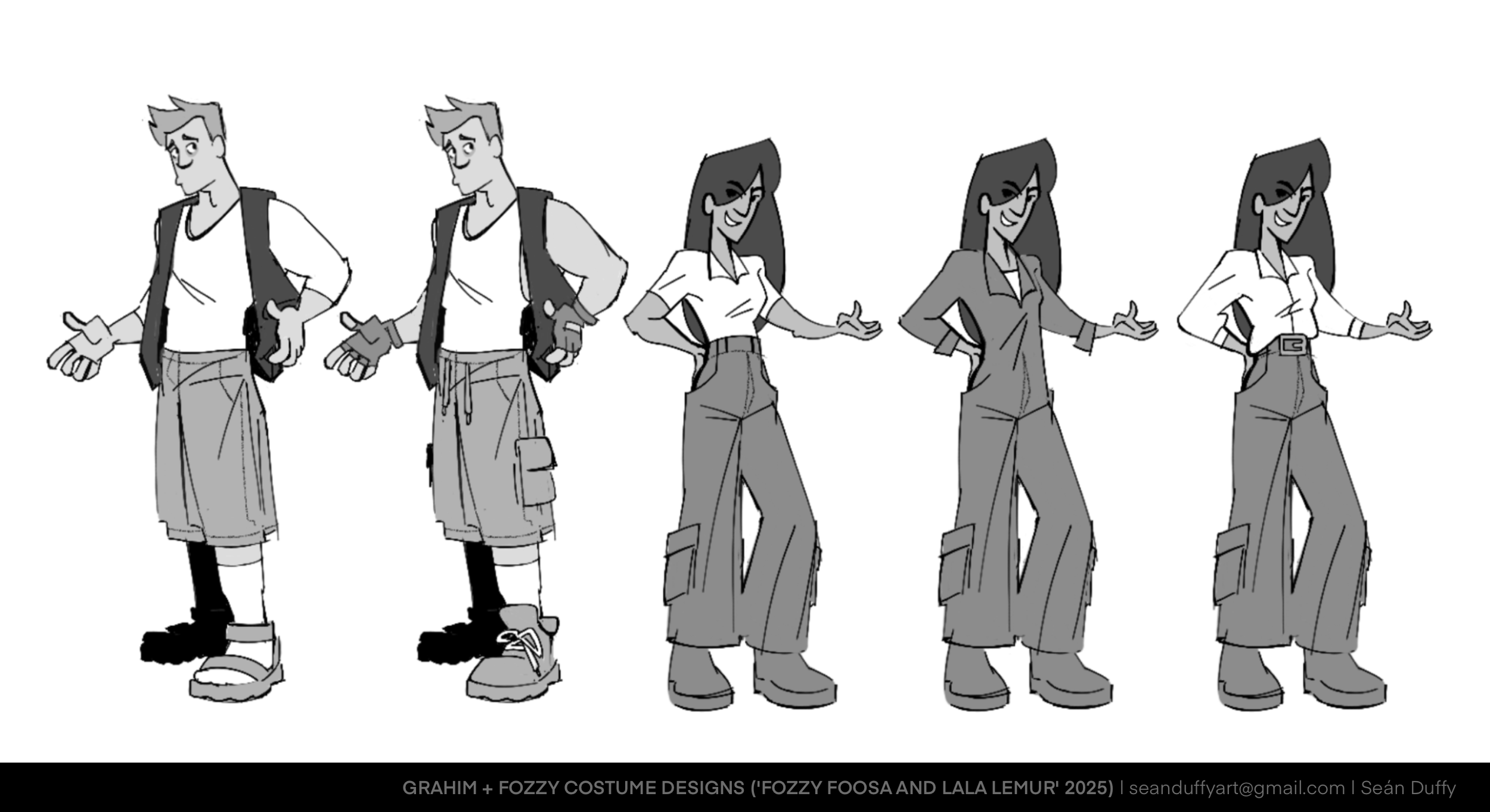 Greyscale costume concepts for the two main characters of 'Fozzy Foosa and LaLa Lemur'