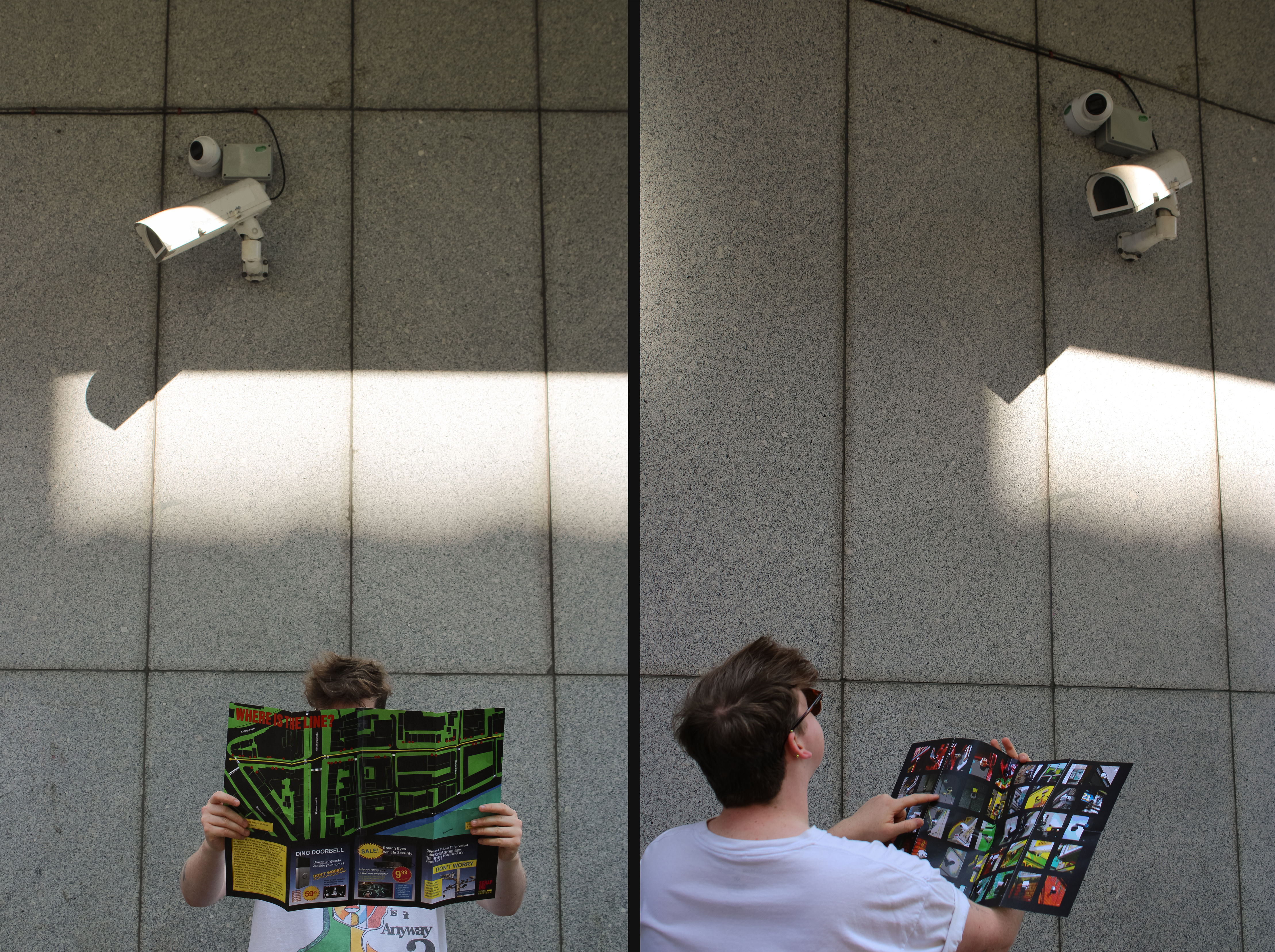 two photographs of a man in a white t-shirt looking at a map of cameras with a CCTV camera seen above him