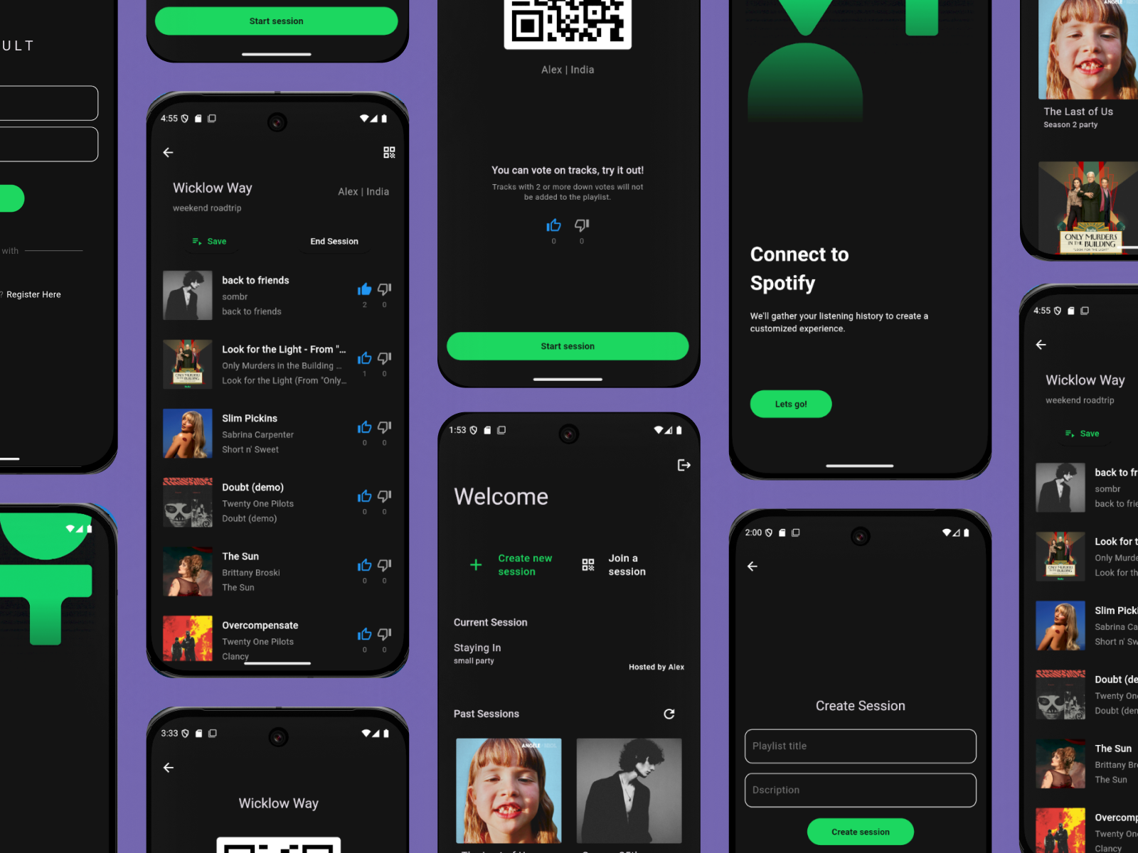 multiple mobile screens displaying an app UI
