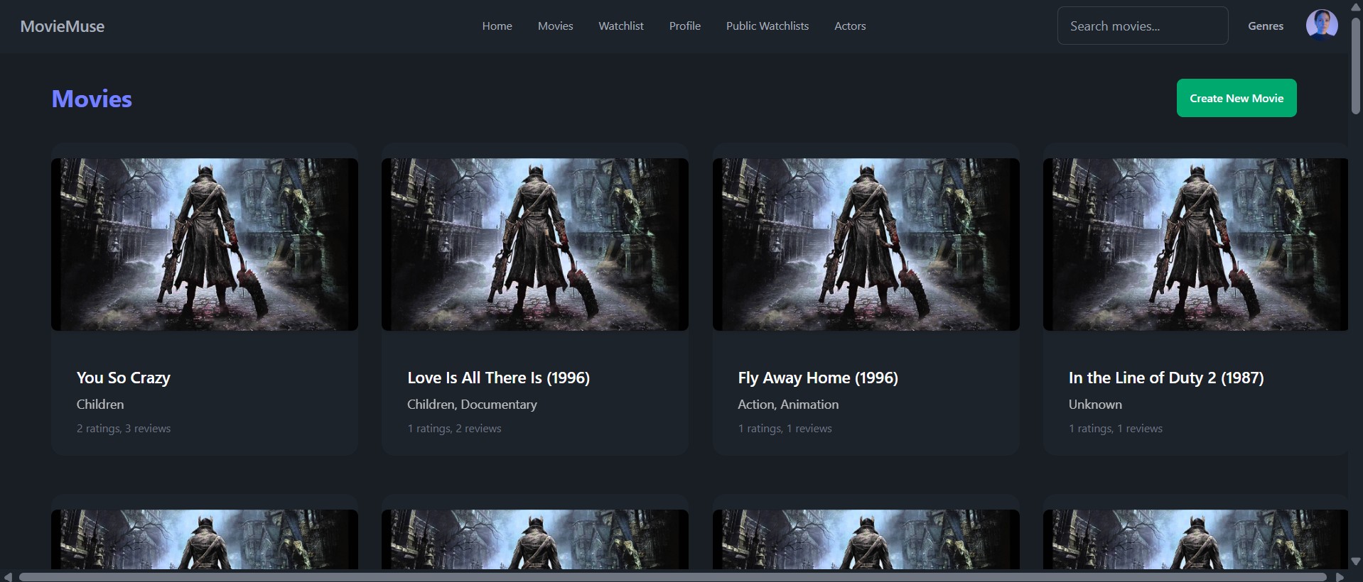 Movie page displaying movies