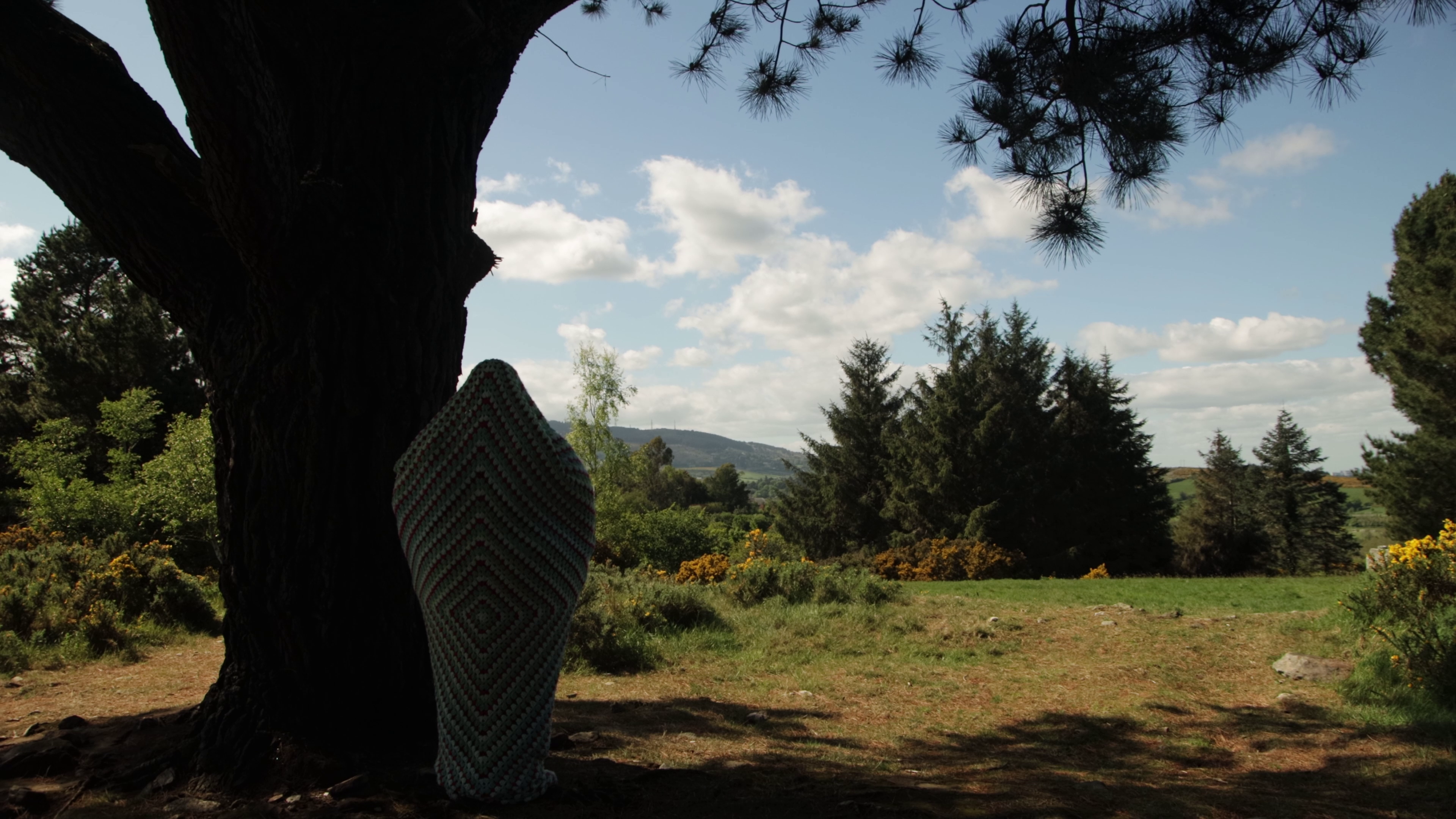 Logan Valentine in a Crocheted Cocoon, in the shade, looking out at a sunny field.
