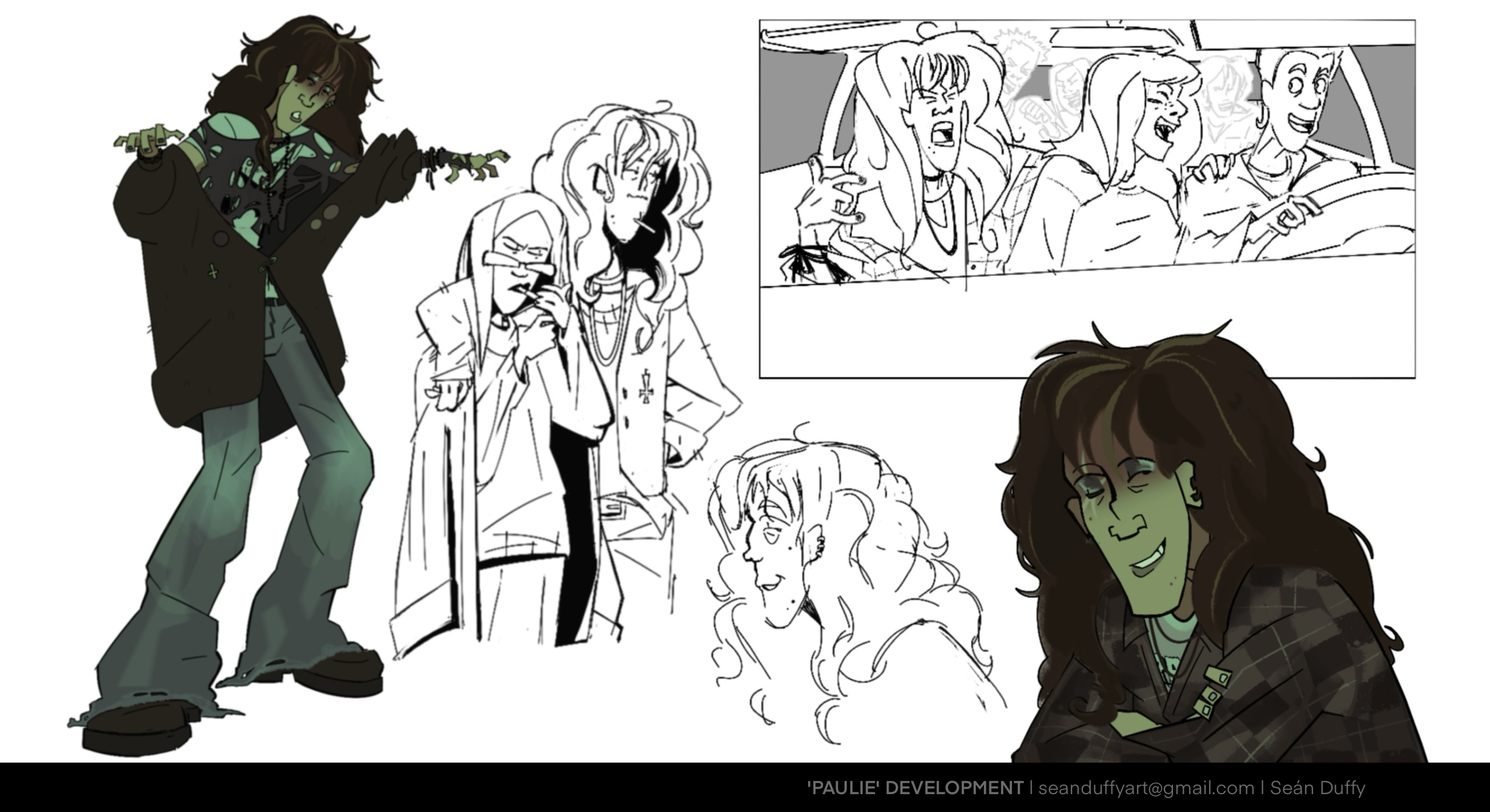 Various development sketches for a grungy goth character named Paulie
