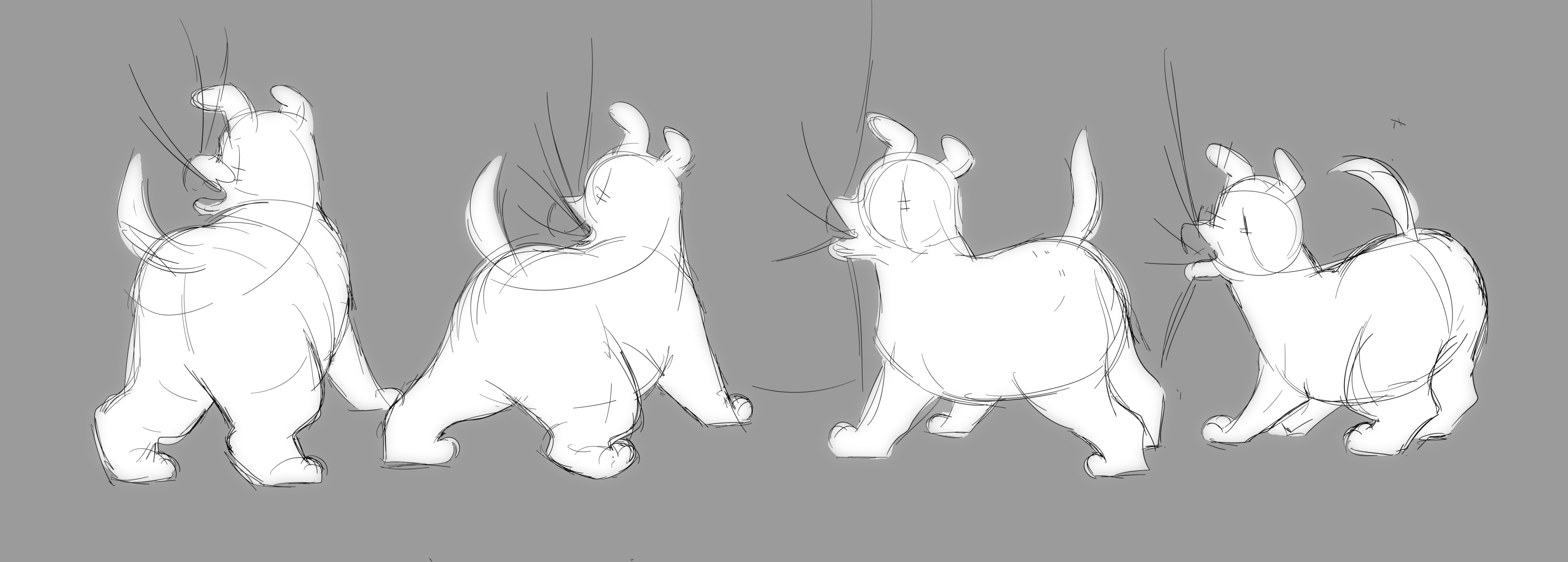 Four drawings of a white dog pulling on a curtain on a grey background.