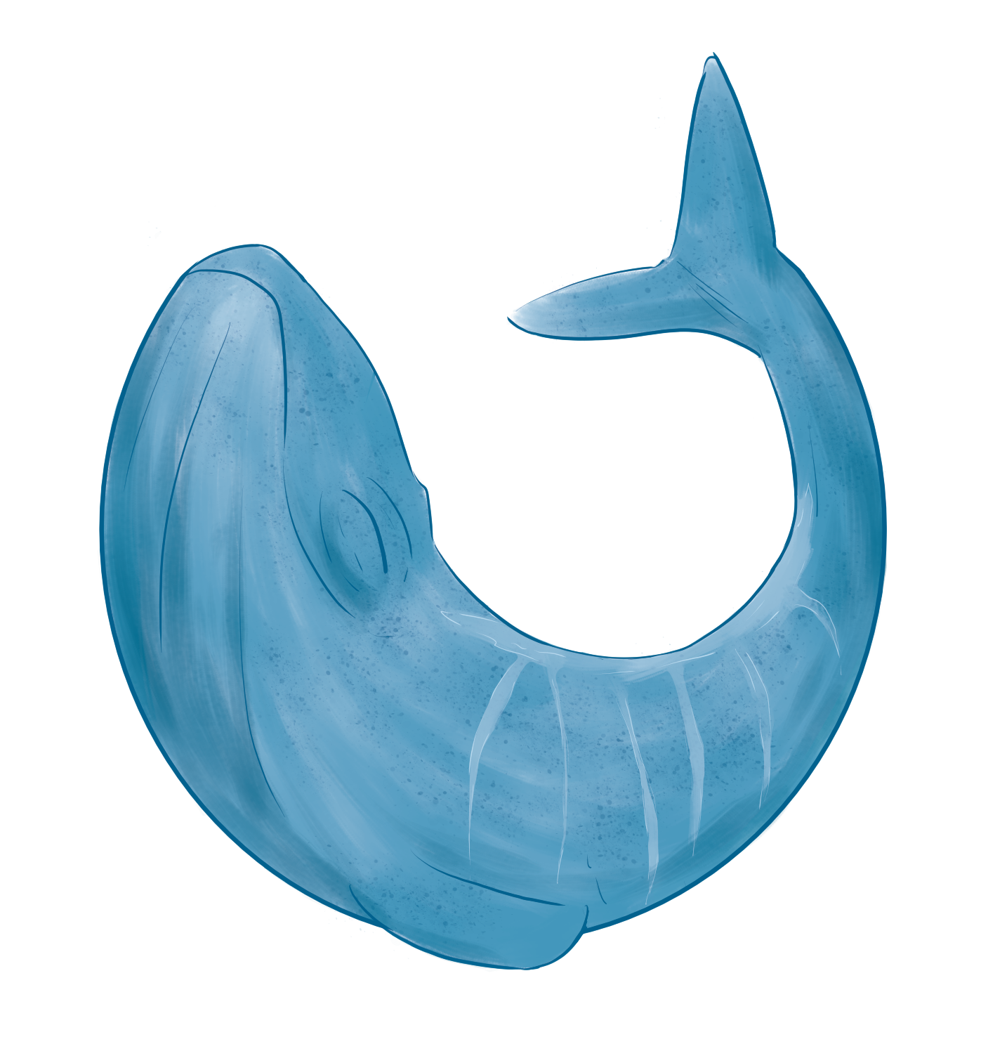 A stylised whale with a big smile. It has a scar along its back