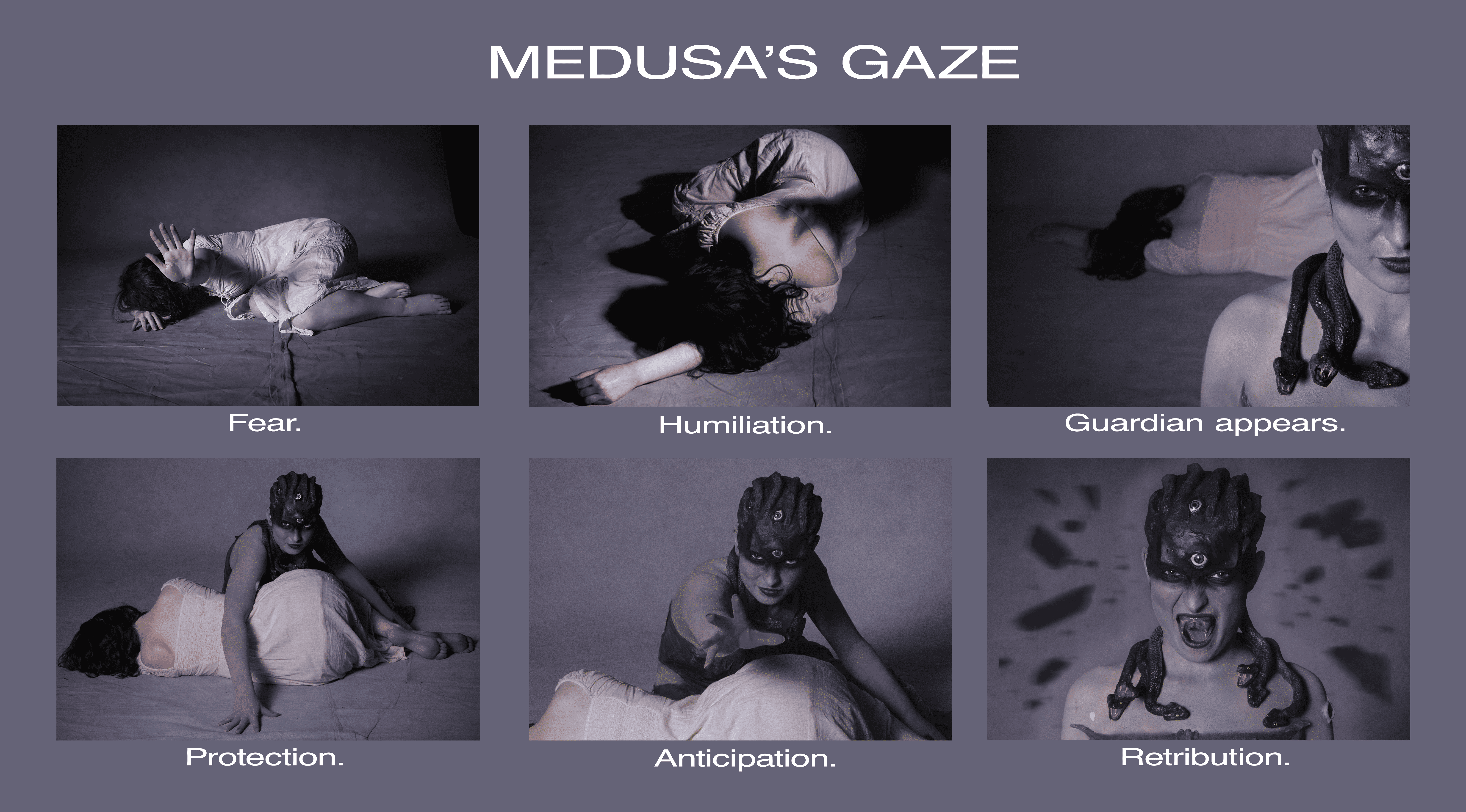 Photo sequence telling the story of an innocent girl being domestically abused by a man and guardian appearance to revenge.