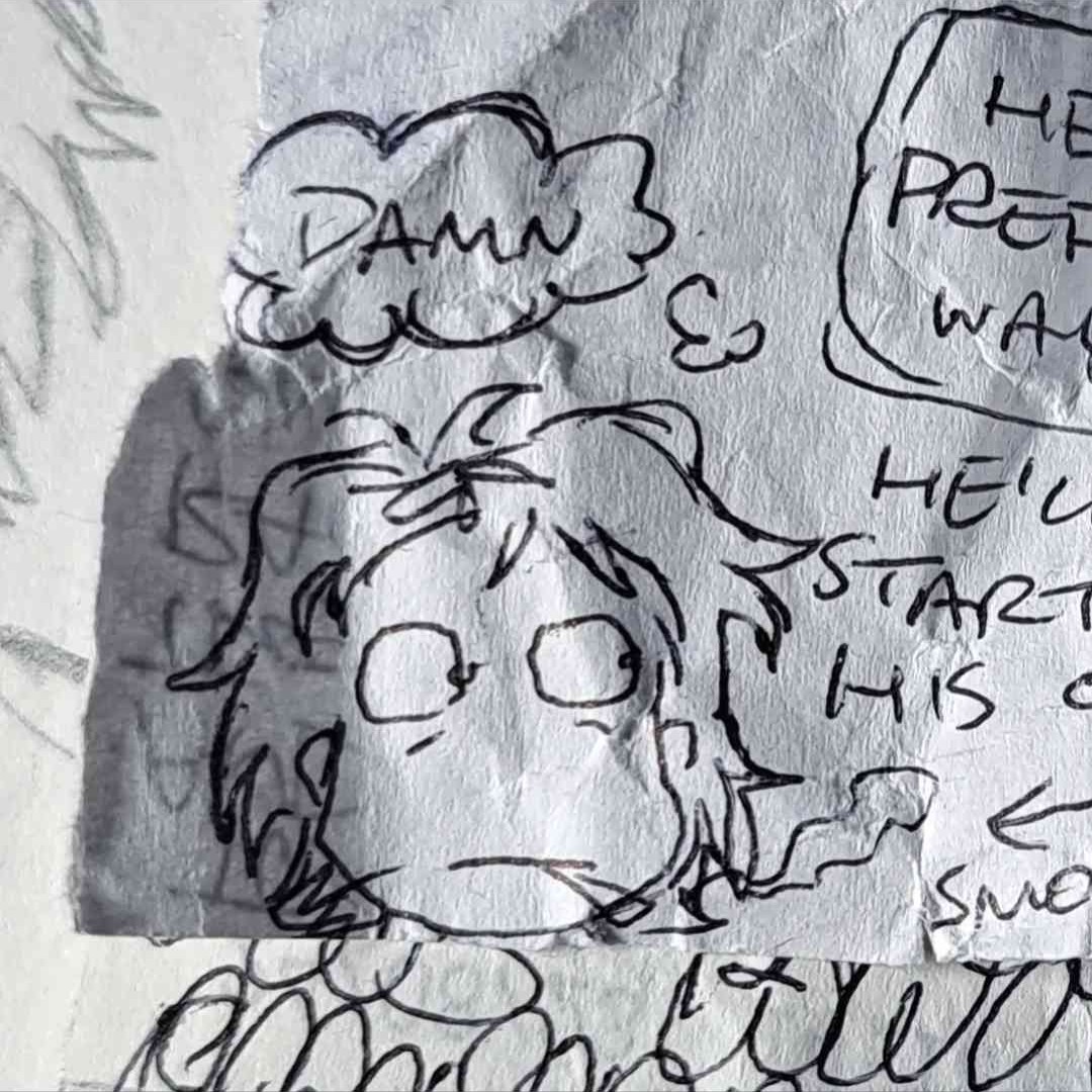 a scribbled pen drawing on a scrap piece of paper of a cartoonish character smoking with a thought bubble above his head saying: "Damn"
