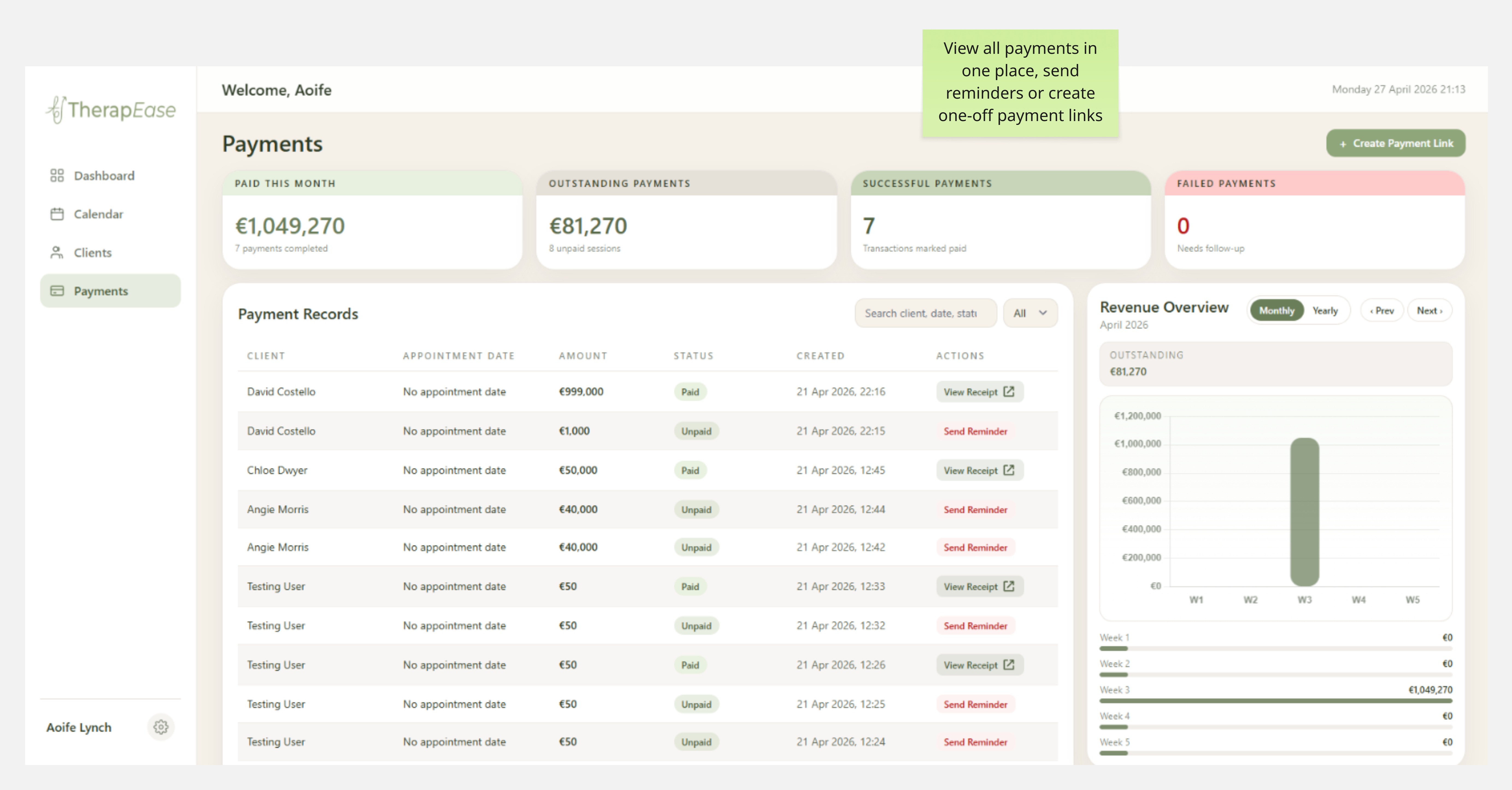 Payments page with a table showing payment links and a revenue graph