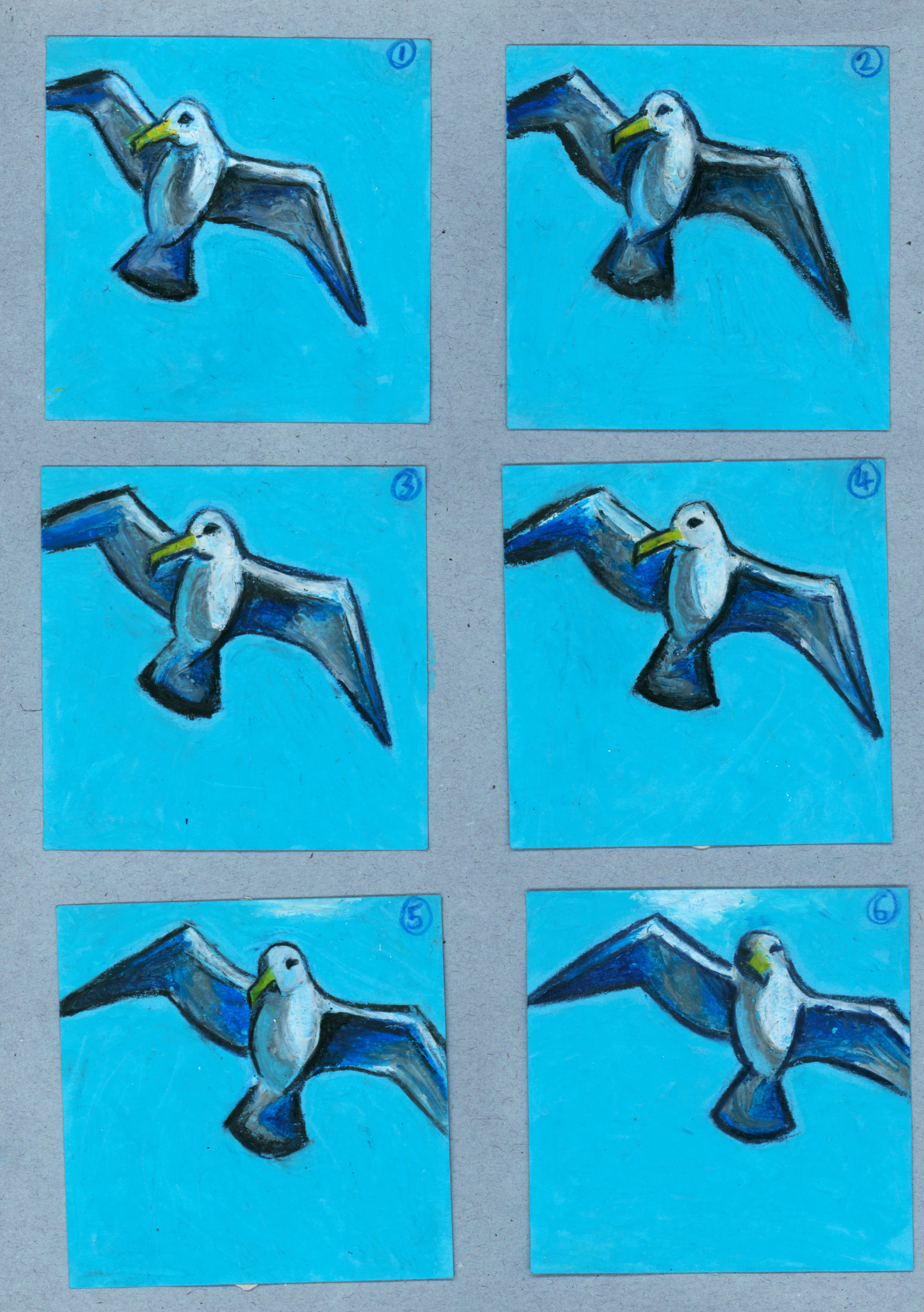A page with six blue sticky notes on it with oil pastel drawings of a gull in flight. 