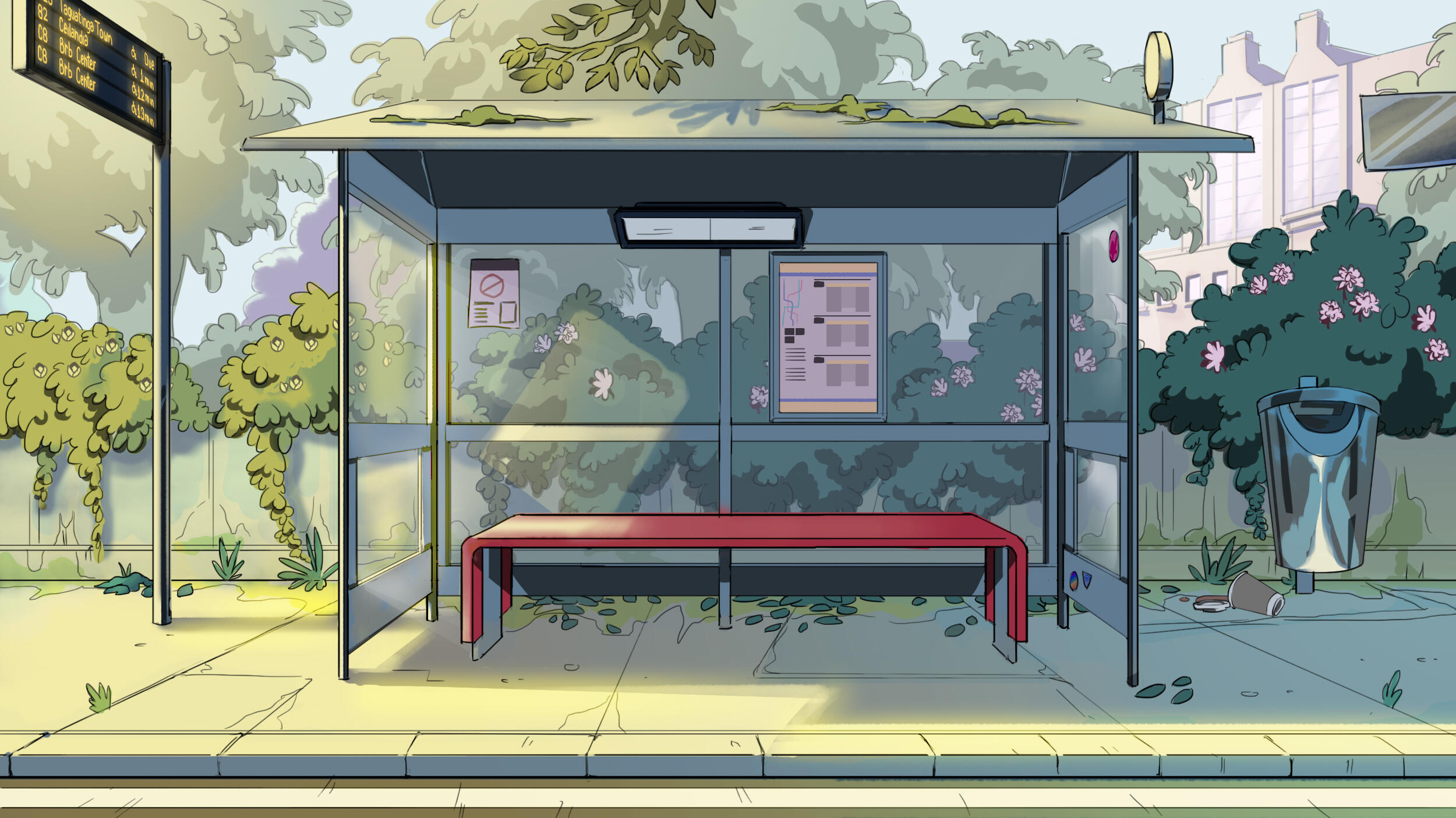 Someday (2024) background 2 - Bus stop in a soft yellow morning light