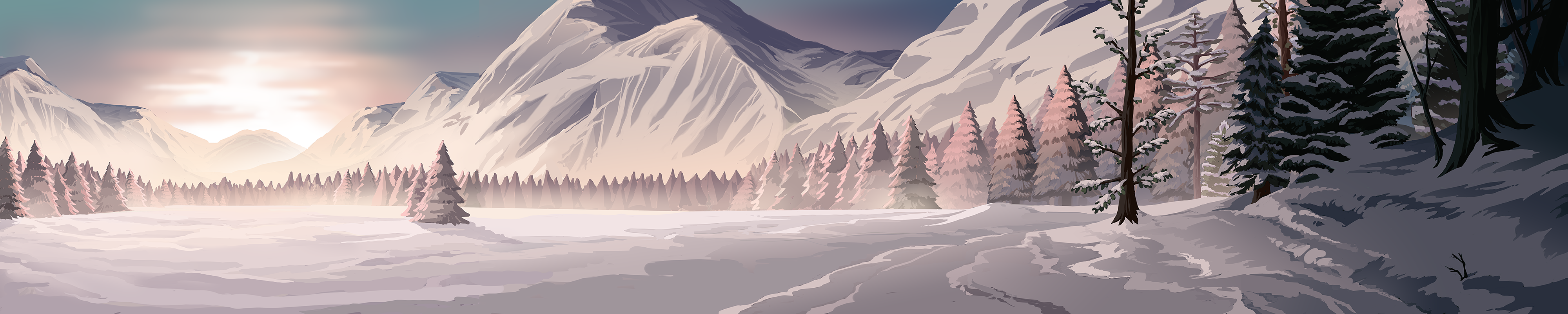 The Edge Of Silence (2024) - A layout shot of a snow enviroment with mounatins and sun at the horizon