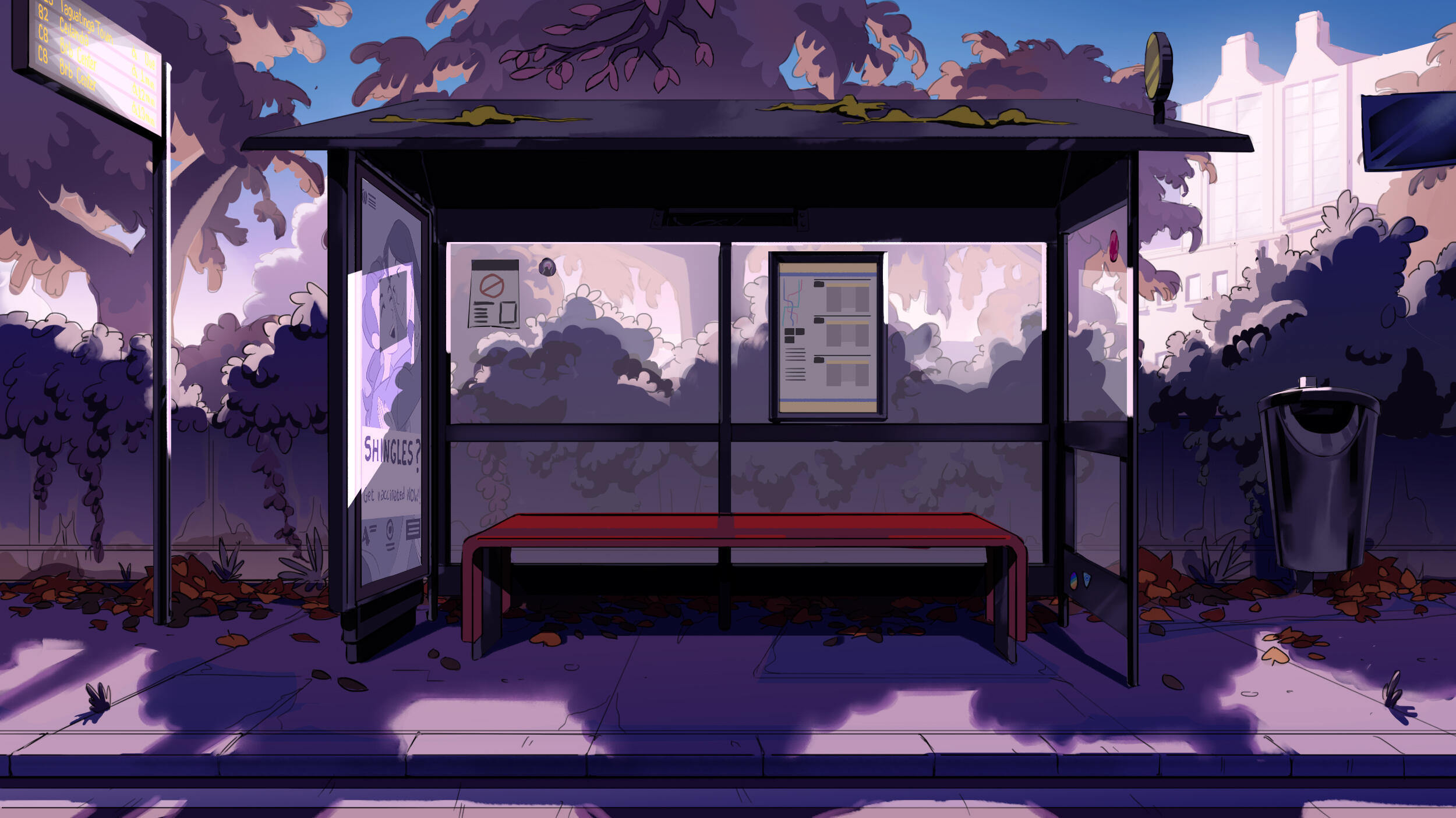 Someday (2024) background 1 - bus stop shot in an end afternoon purpleish light