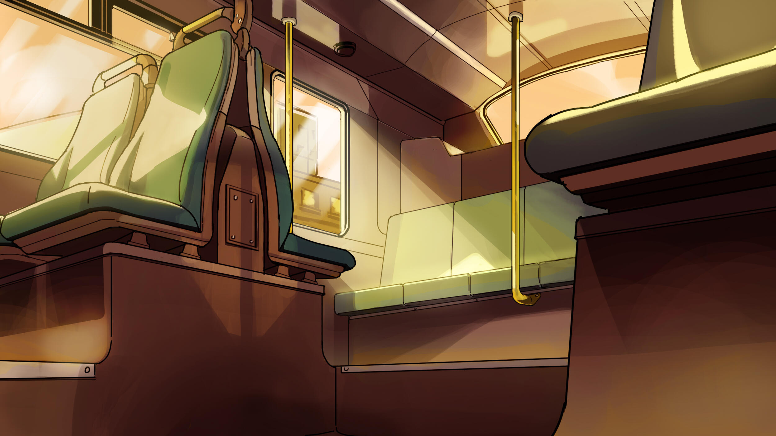 Someday (2024) background 5 - inside de bus in a end of afternoon orange light
