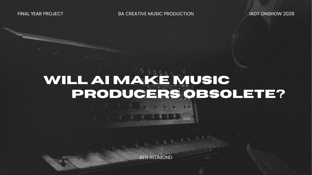 Thumbnail in Black and white displaying "will ai make music producers obsolete?"