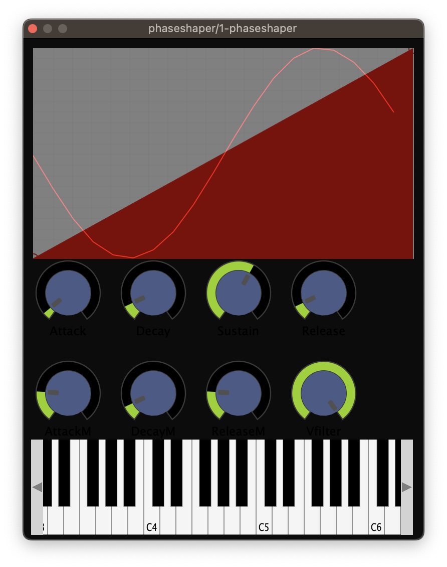 screenshot of a phase distortion synthesiser vst, it has a ui that contains a box with a slope going from the bottom left to top right and a single cycle of a sinewave supper imposed on top of it . bellow the box are two rows of 4 knobs and bellow that is a leyboard
