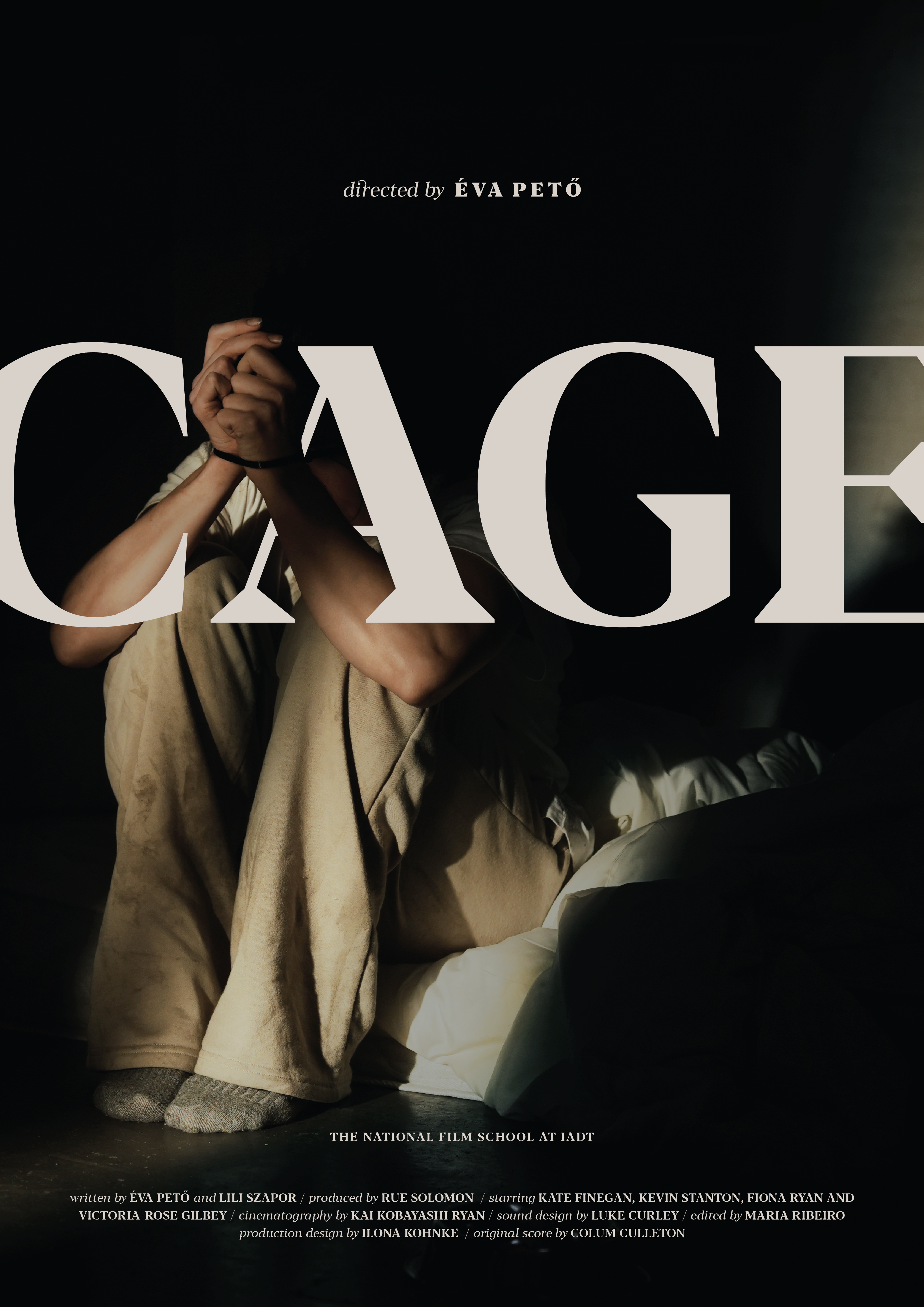 Film poster for "Cage" title written over a woman cowering in the dark with her wrists zip tied together