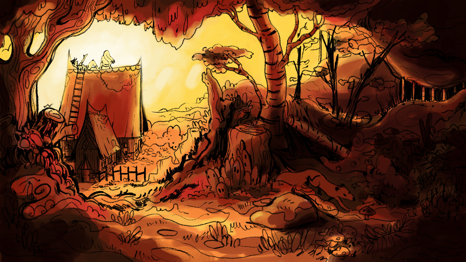 A drawing of a house in a forest. 