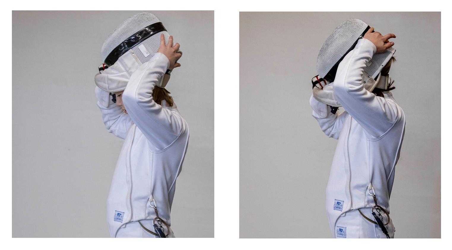 2 images of young girl preparing for fencing