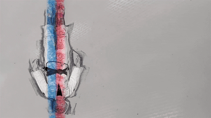 Composite pencil animation of a body with vertical red and blue bars.