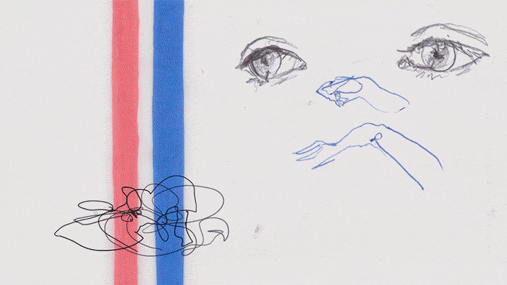 Composite animation of blind and sequential animation of BJJ, eyes, and hands with vertical red and blue bars.
