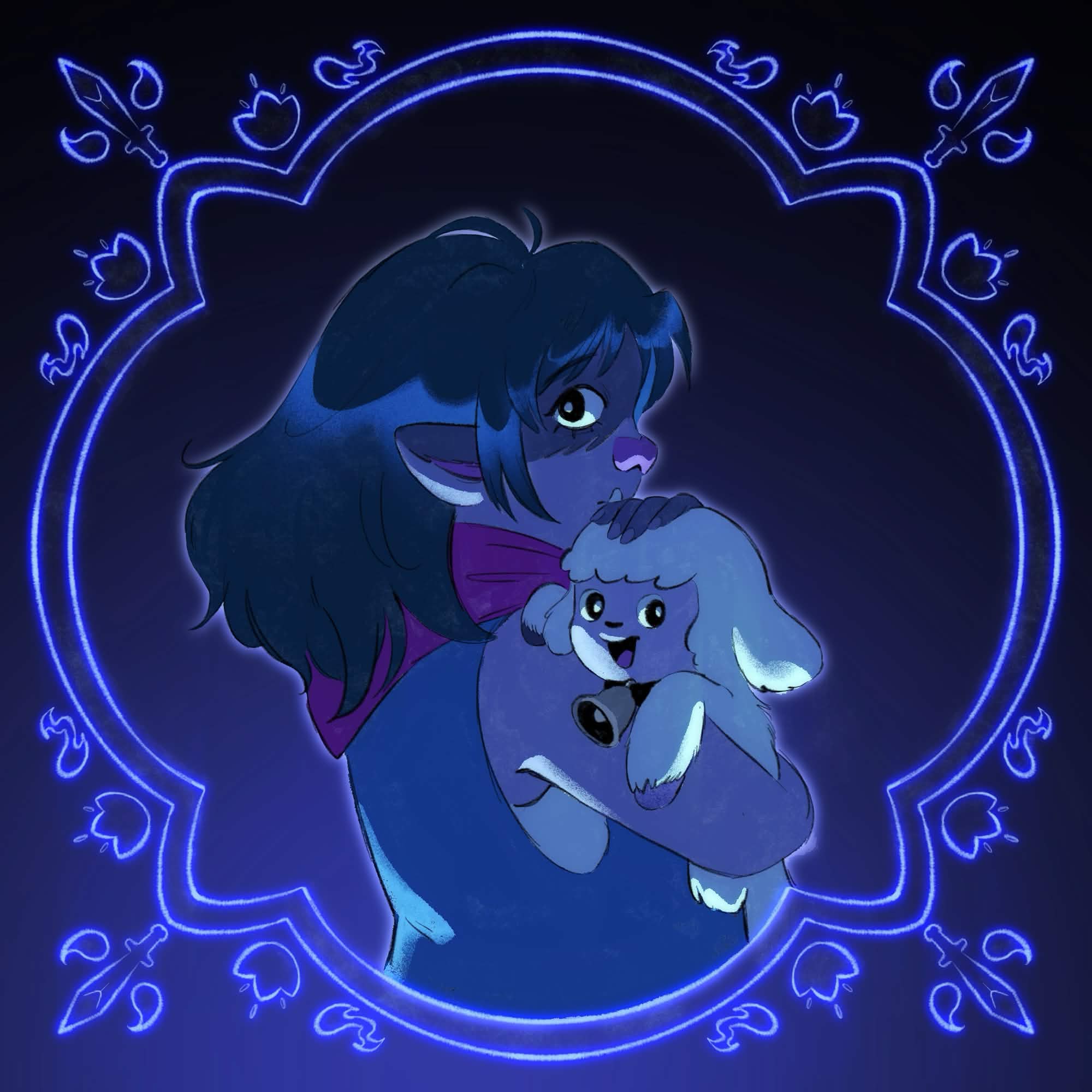 a drawing of a fantasy orc girl holding a baby lamb