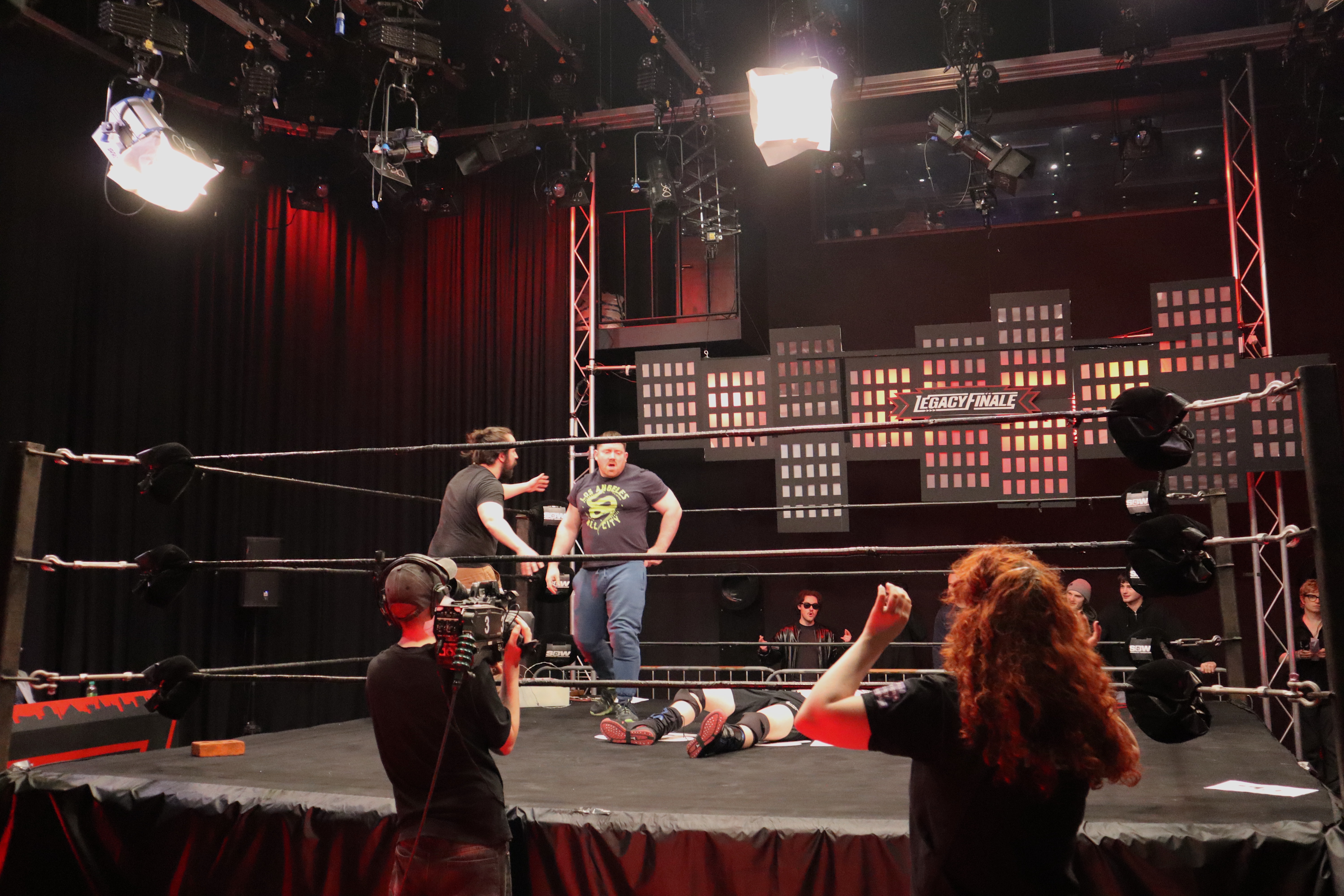 Floor managing the Stand By Wrestling broadcast
