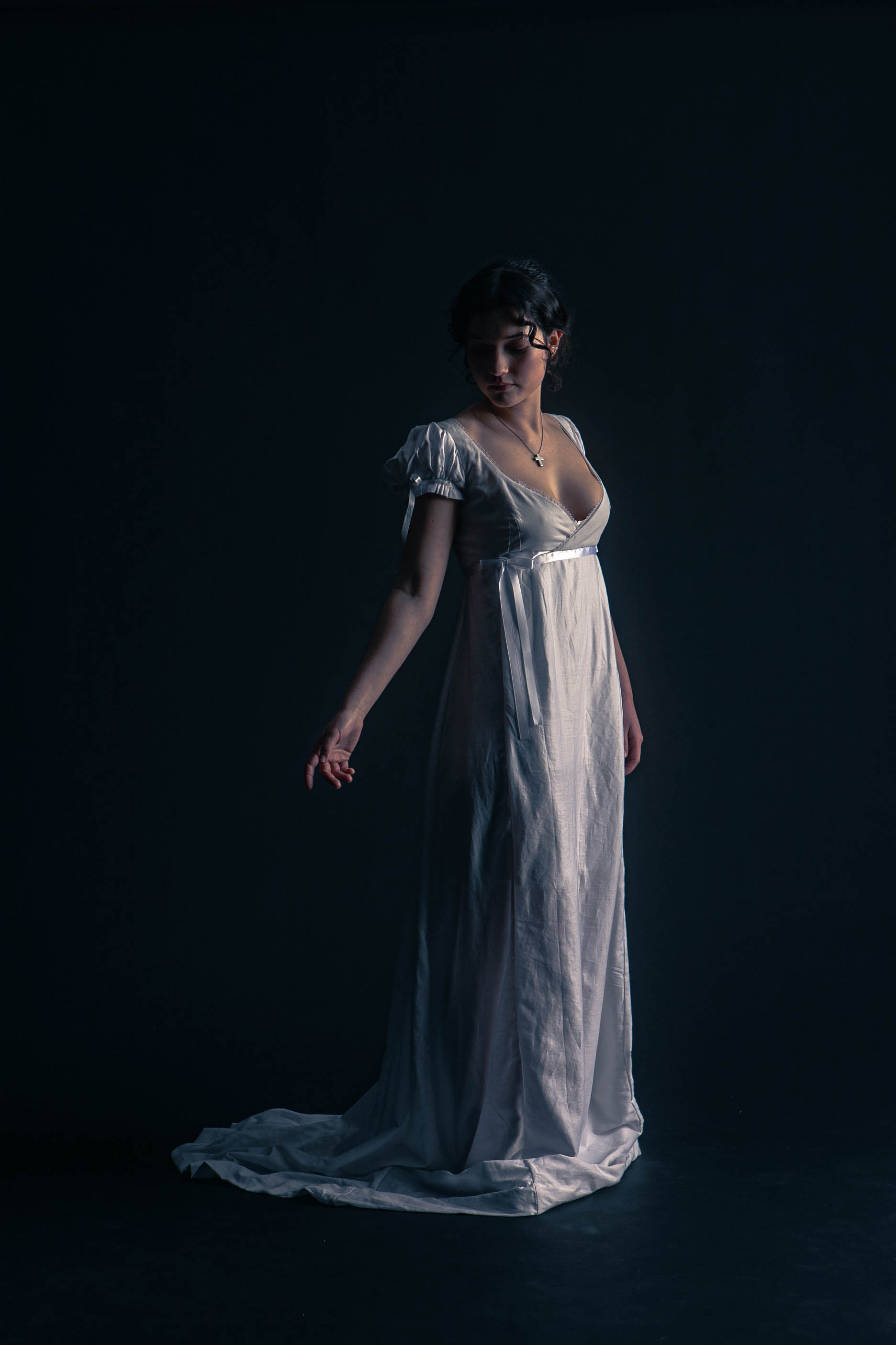 Image of remake dress from emma regency era dress with empire waist cross over v neckline and puff sleeves all in white