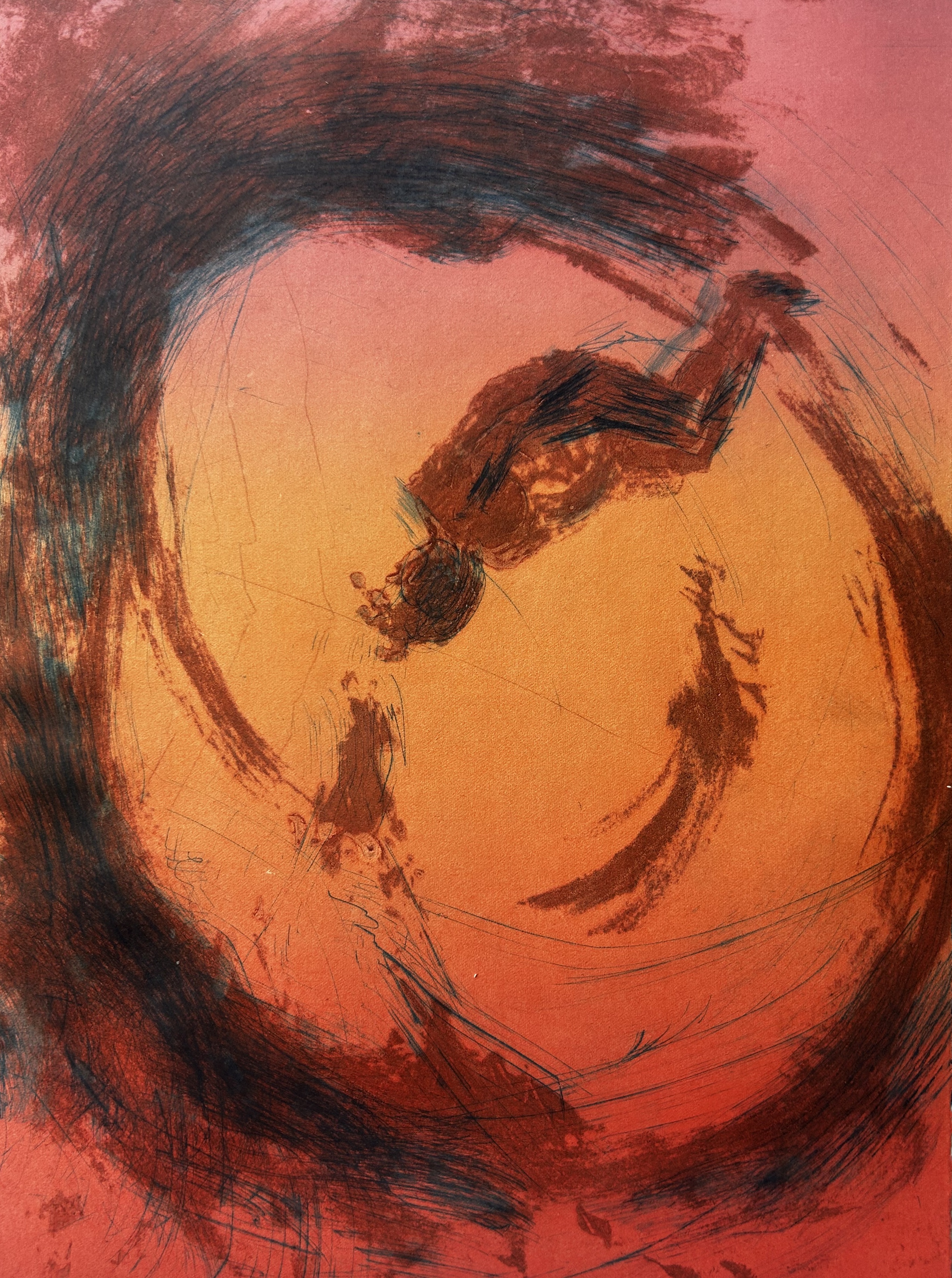spinning women print on orange yellow pink background