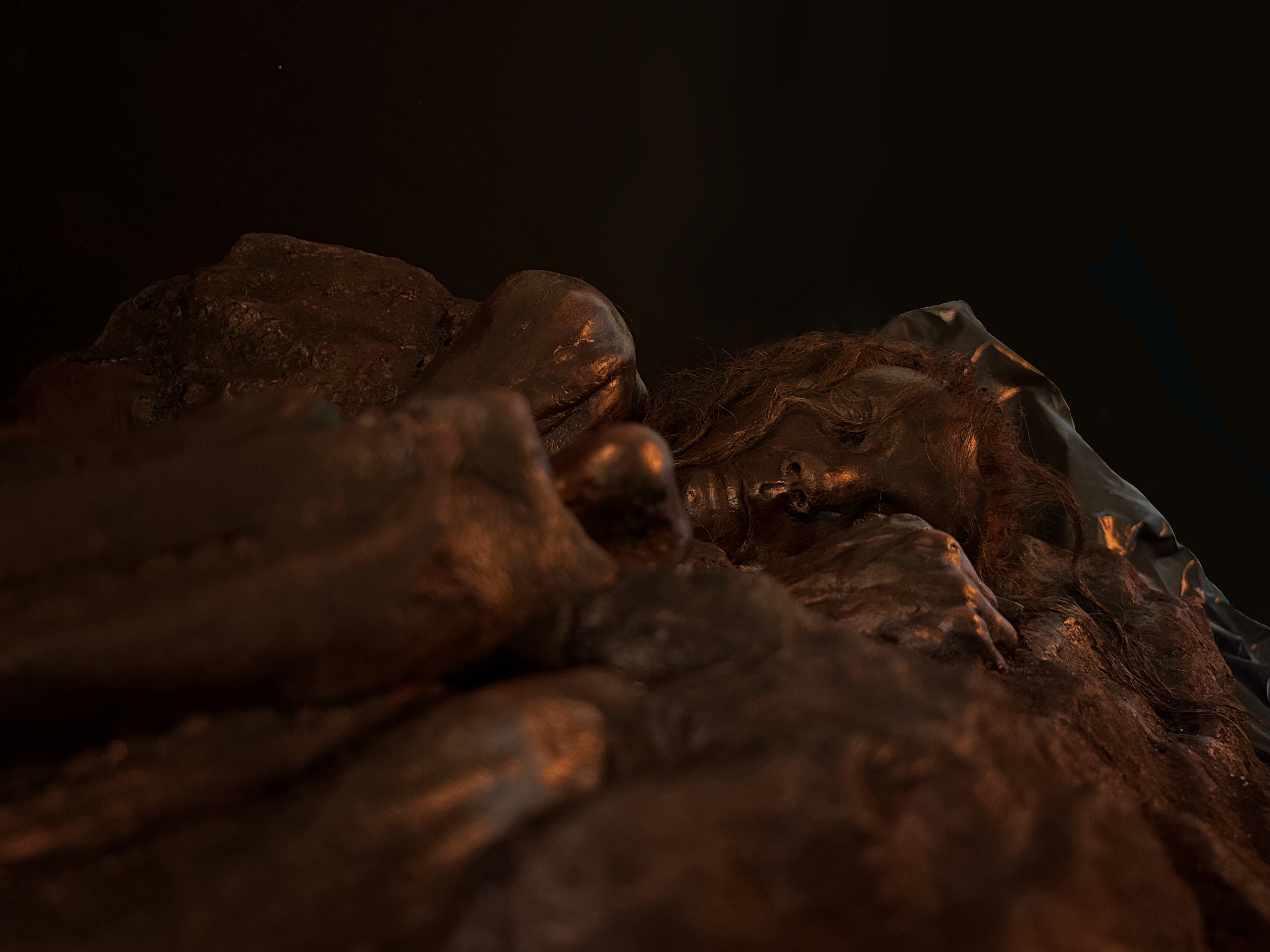 Low angle shot of bog body.