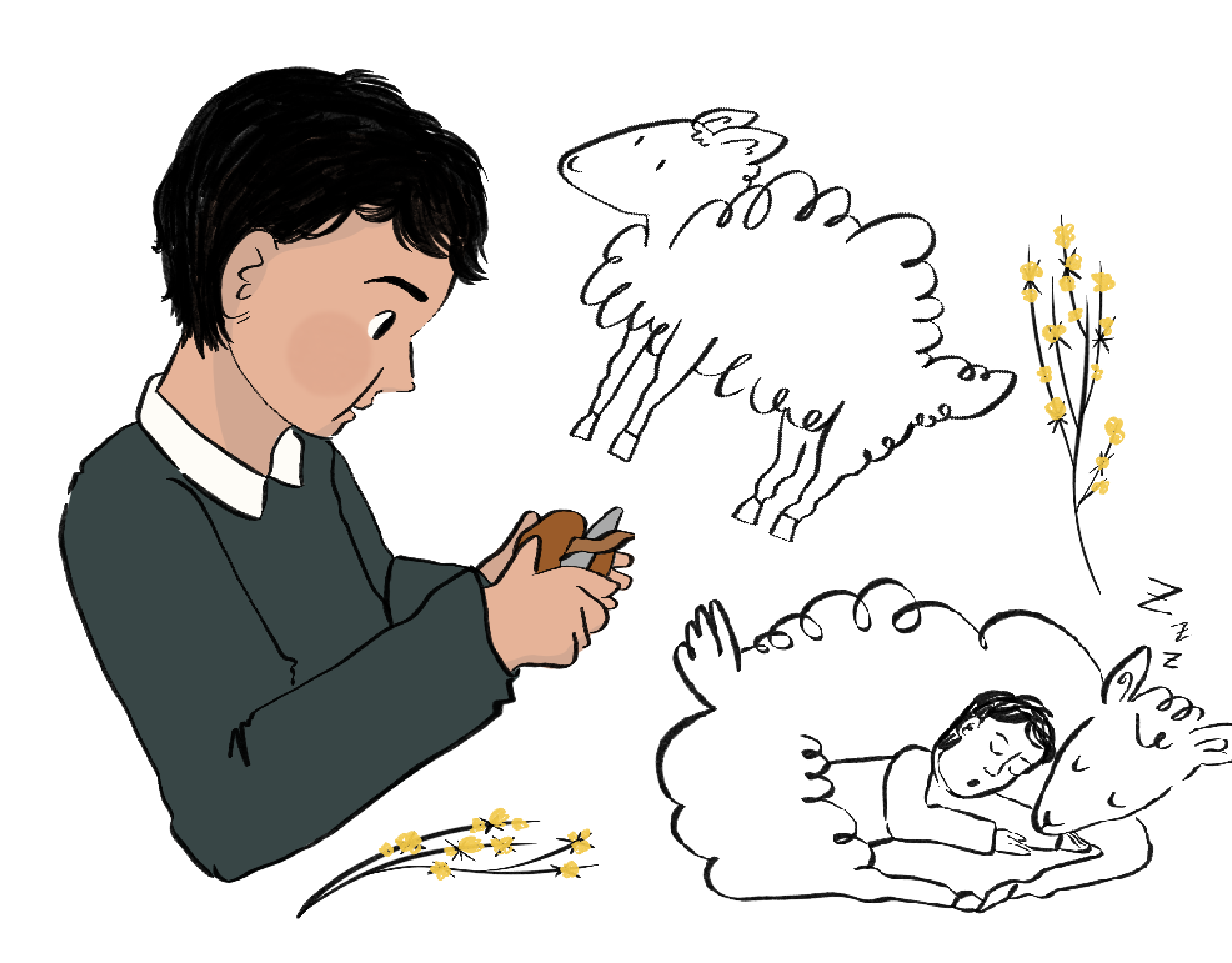 Concept art depicting a young boy peeling potatoes, accompanied by hand drawn doodles of black & white sheep.