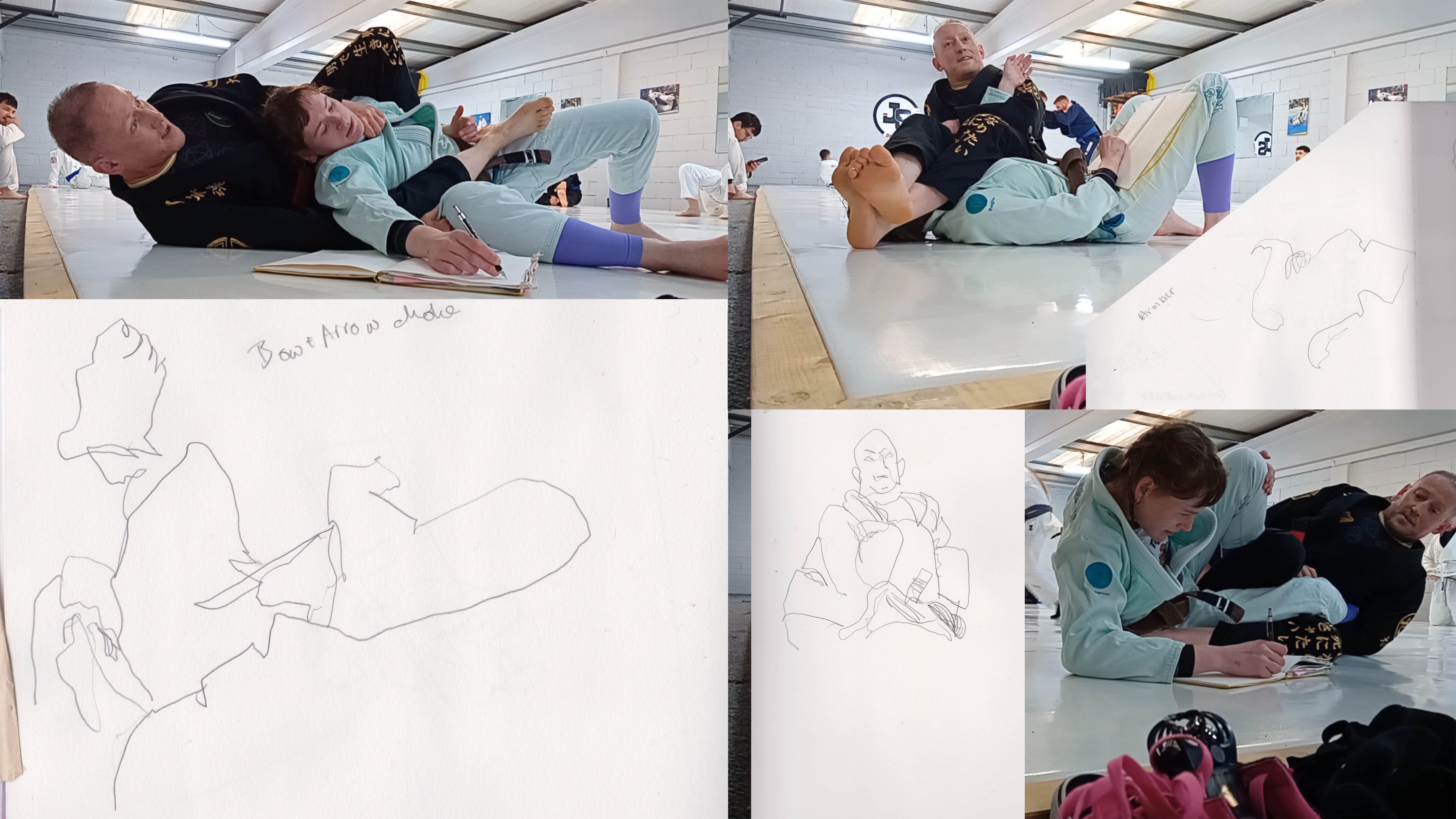 A selection of semi-blind contour drawings done from within the positions of bow and arrow choke, armbar, and straight ankle lock as encountered in BJJ.