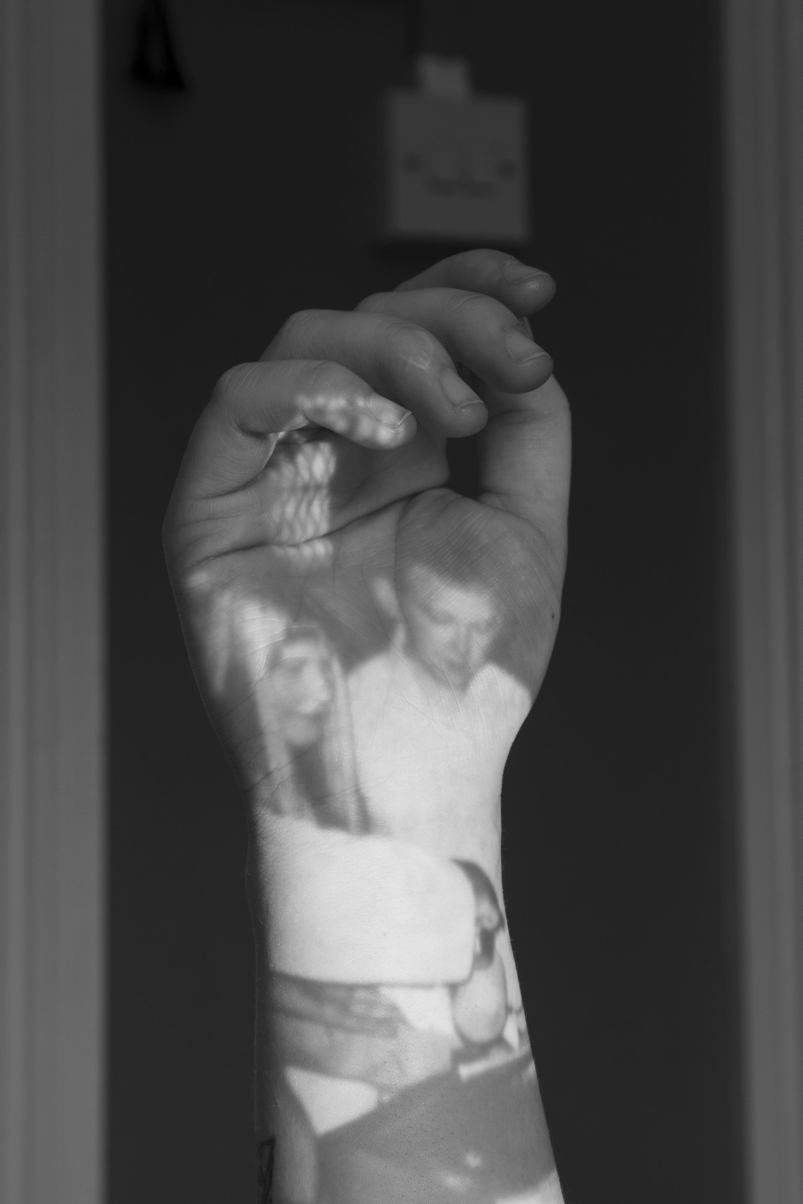 archive image projected onto artists hand