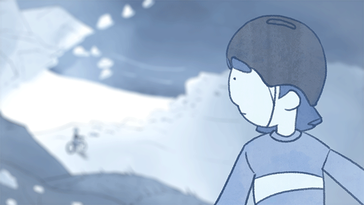 A girl looking down a sunny hillside at her friend