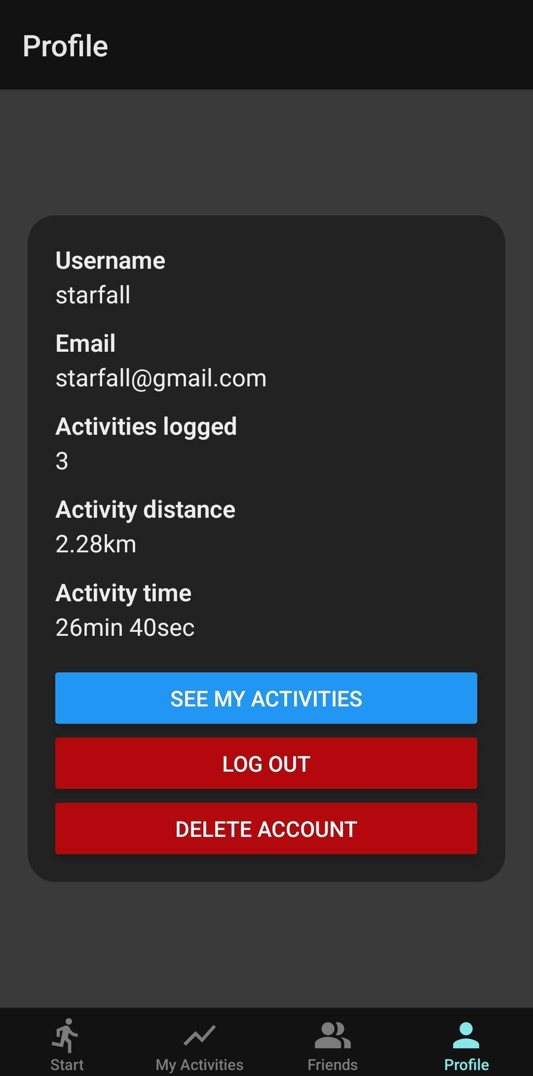 A screenshot of the profile screen, showing the user's details and accumulated stats.