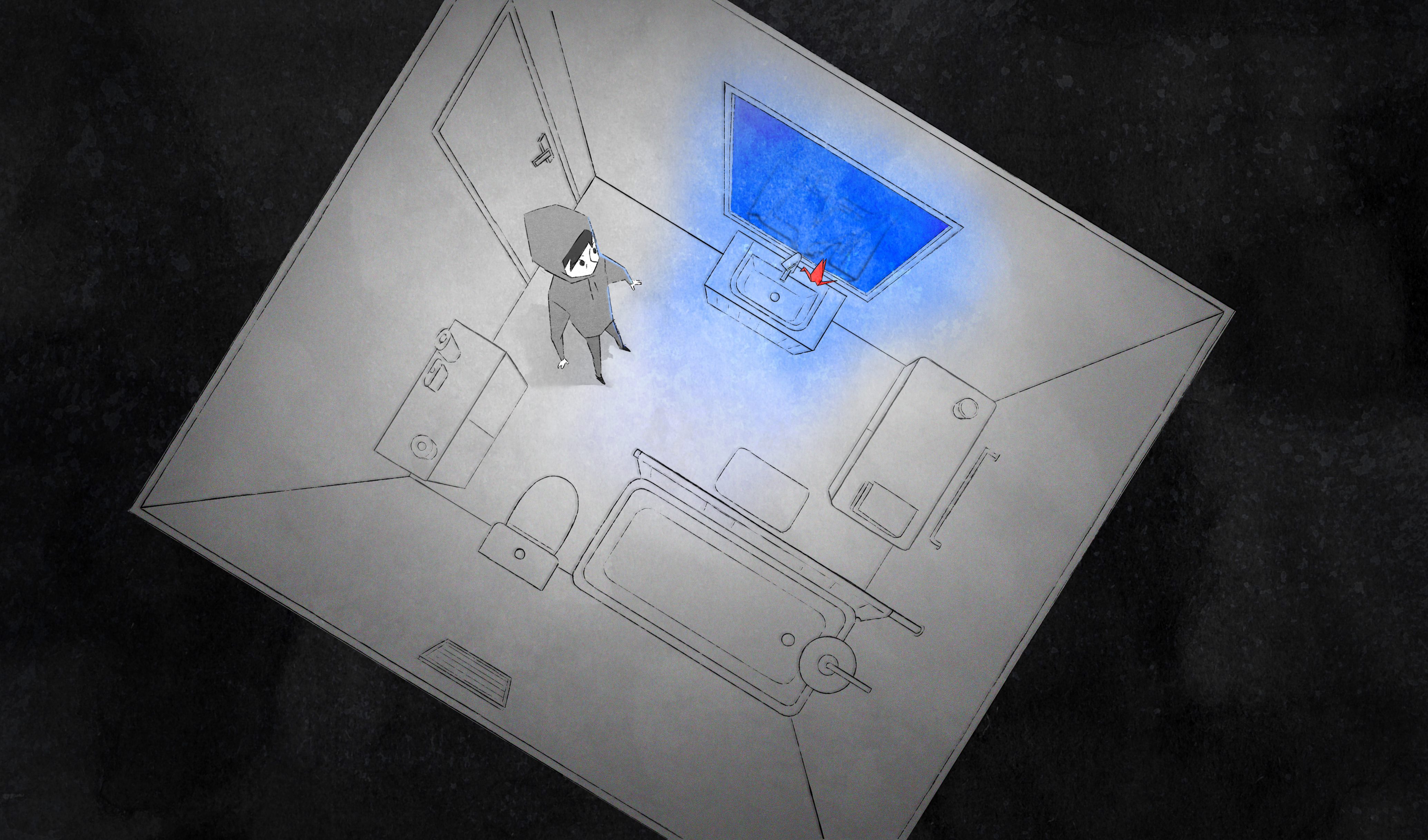 Style Frame for Homesick: the character is standing in the bathroom that we see from above
