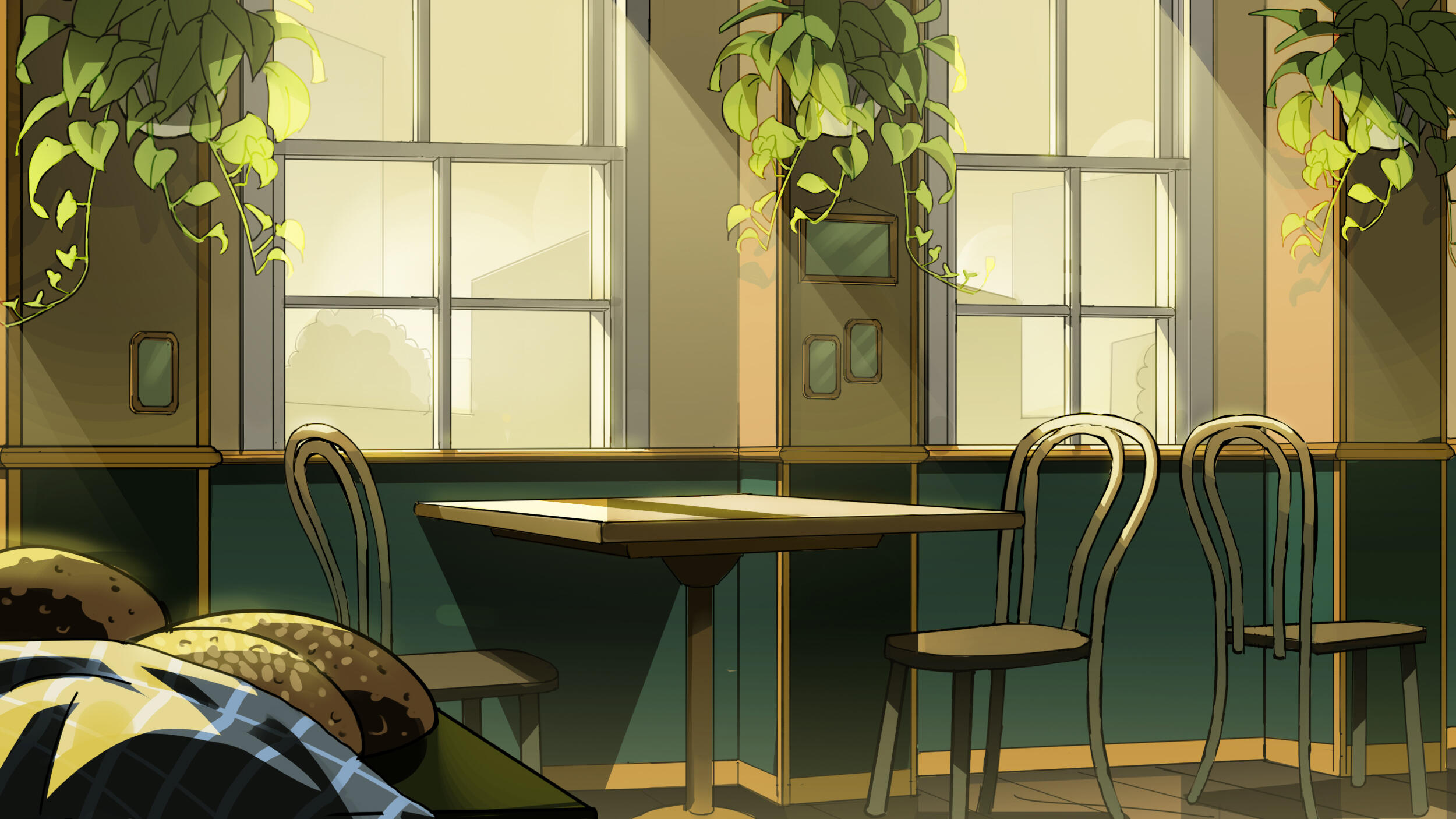 Someday (2024) background 3 - cafe shop in a bright yellow mid day light