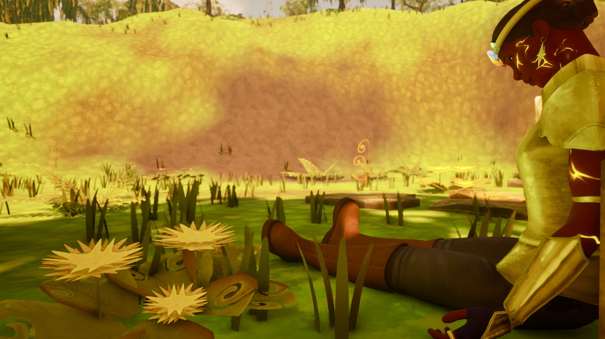 One of the characters in my 3d animation, she wears gold armor and has yellow glowing markings on her skin.