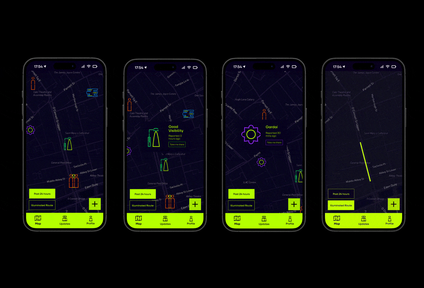 4 phone screens with one animating a neon line showing best lit route