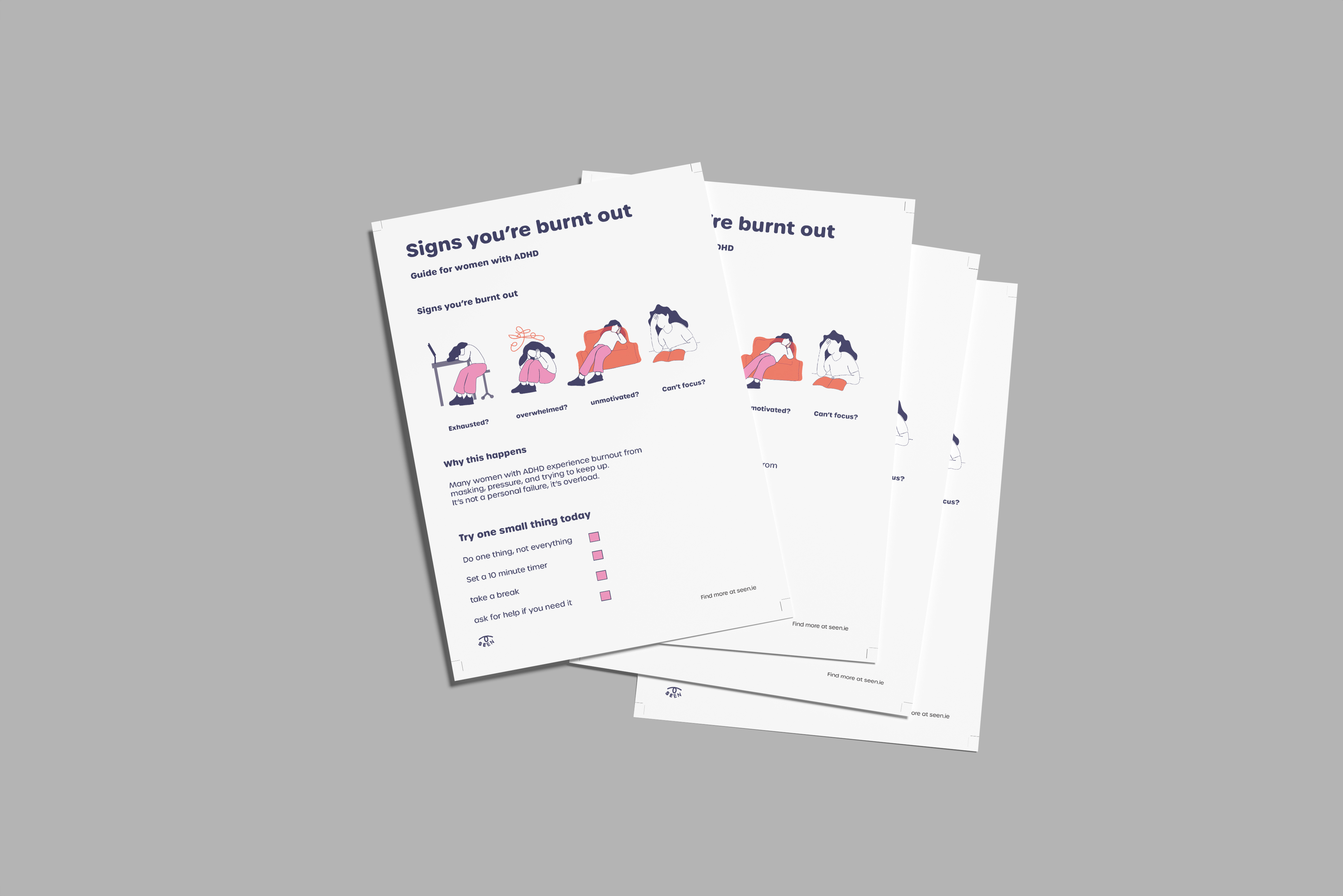 Printed informational guide featuring ADHD burnout awareness illustrations, symptoms, and supportive coping tips for women.