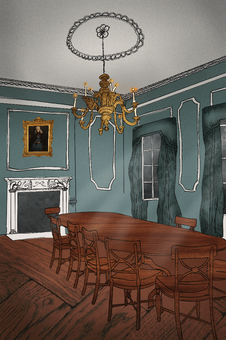 Georgian dining room with a golden chandelier glowing gently. There are dark wood floors, a long, rounded dining table and dark, stormy skies visible through the windows. 