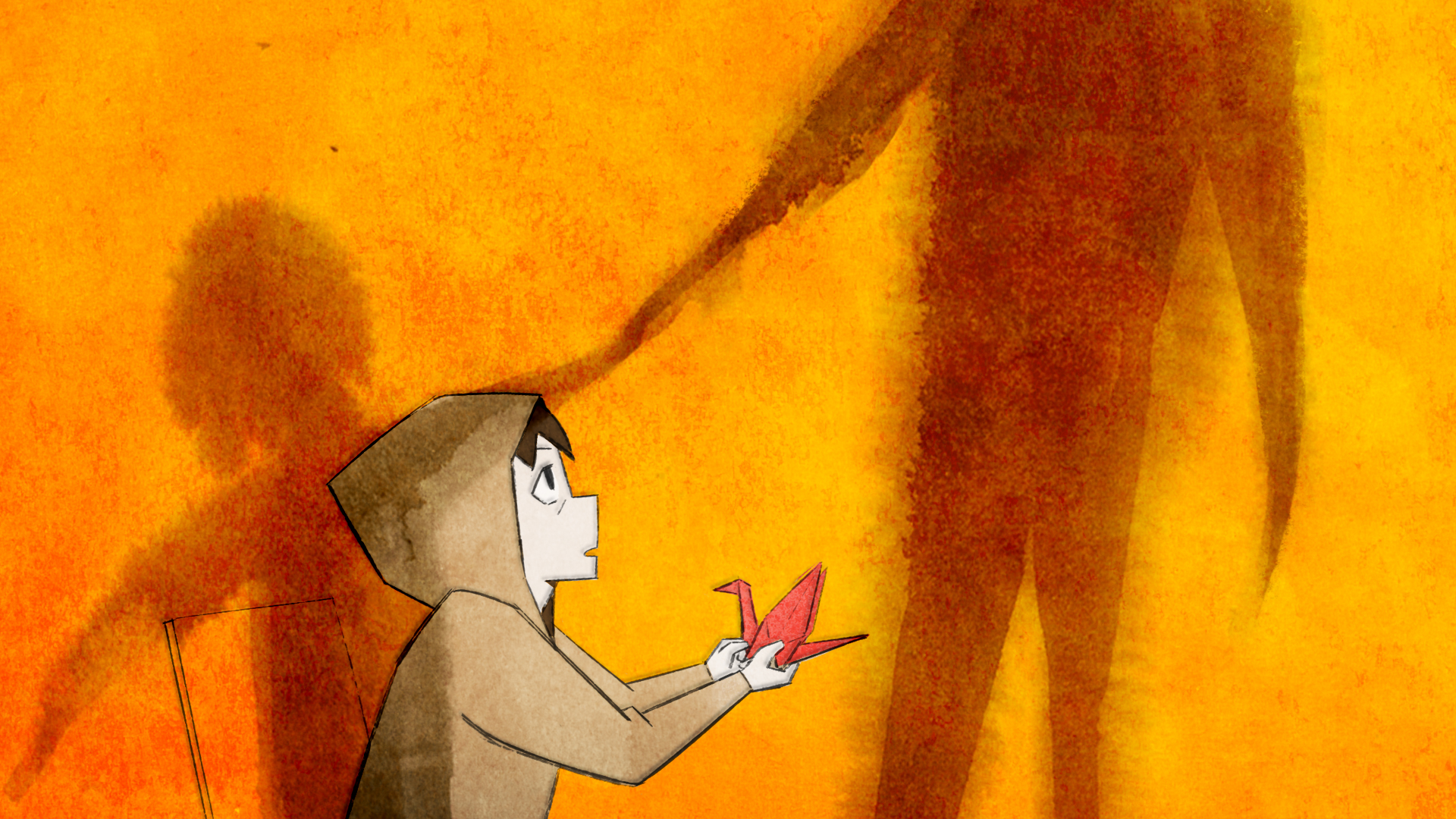 Style Frame for Homesick: Character is holding a red paper crane while looking at the shadows on the wall