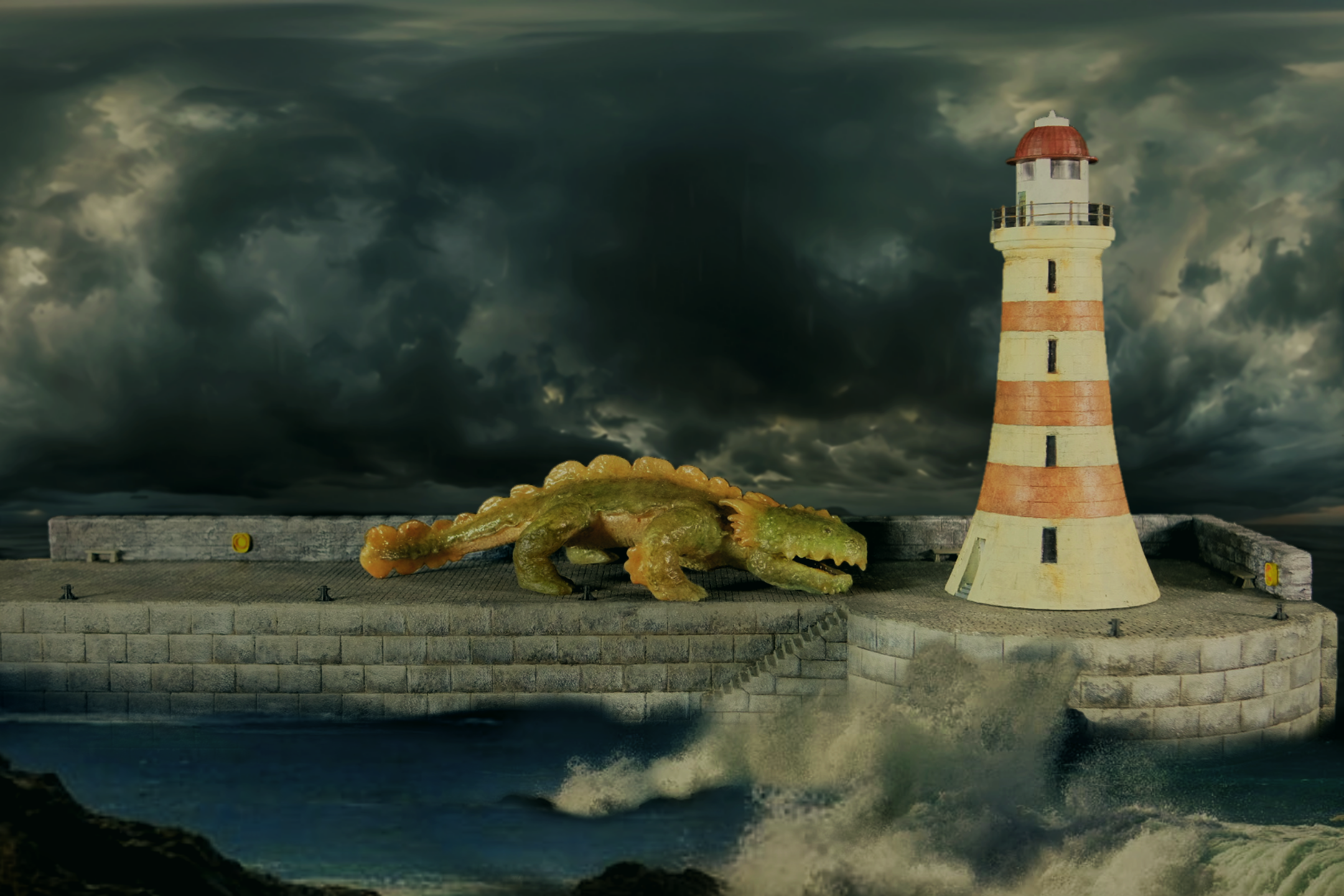 Coloured rendered shot of The Dredger on the sea pier.