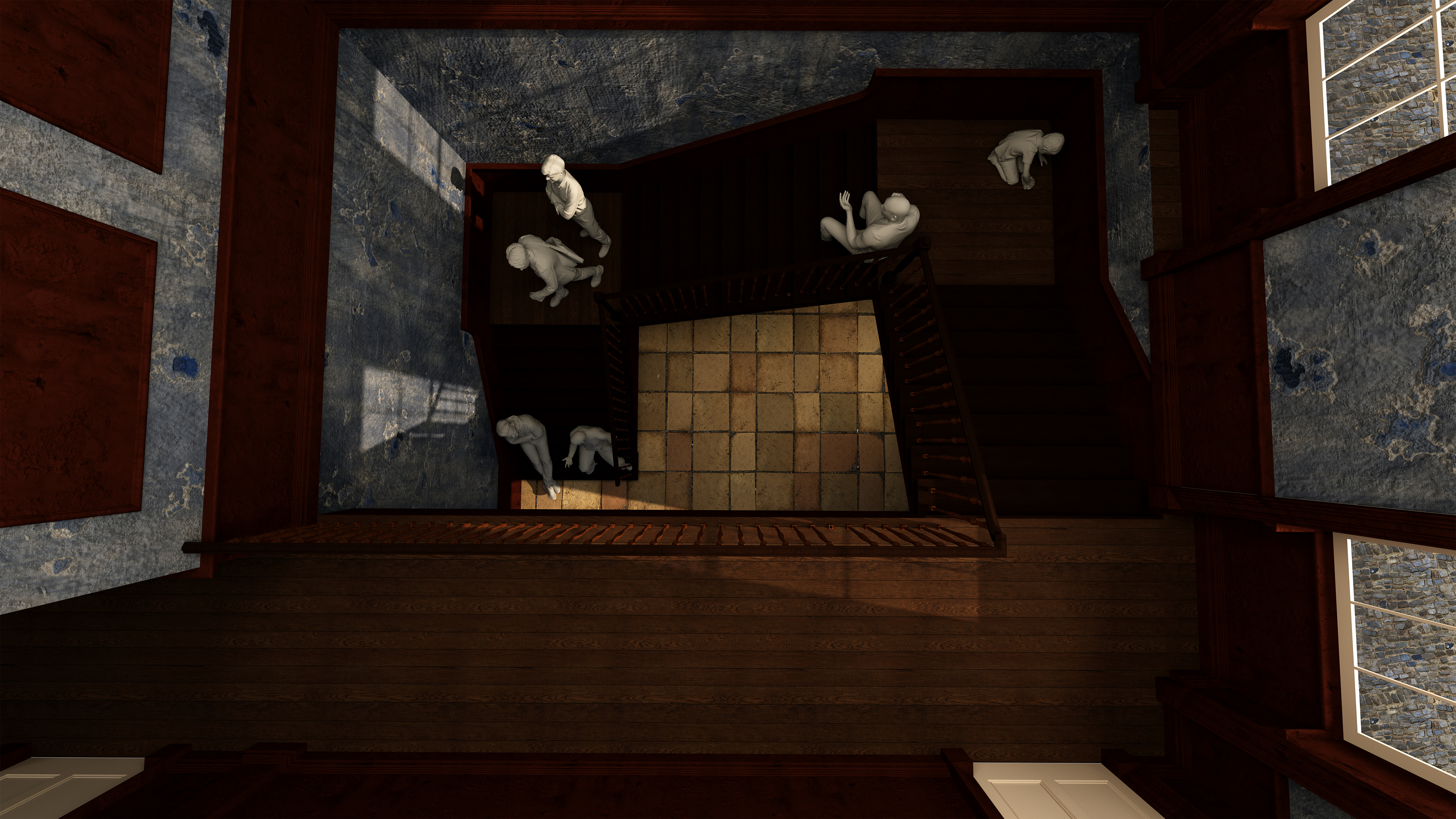Digital render of a bird's eye view of a large winding stairwell. There are grey figures scattered across the steps.