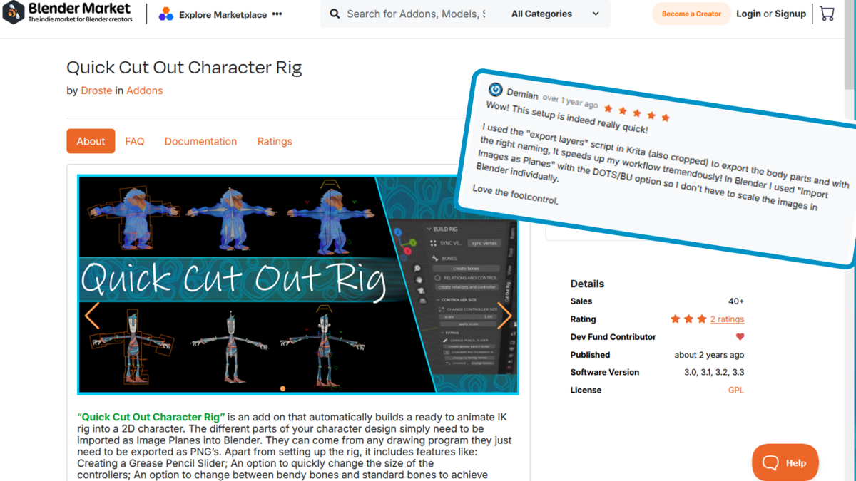 My tool for automated 2D character rigging on the Blender Market