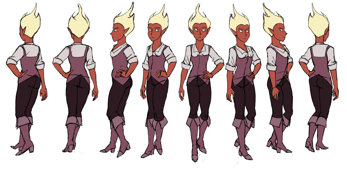 a drawing of a character with red skin and firey hair in various angles