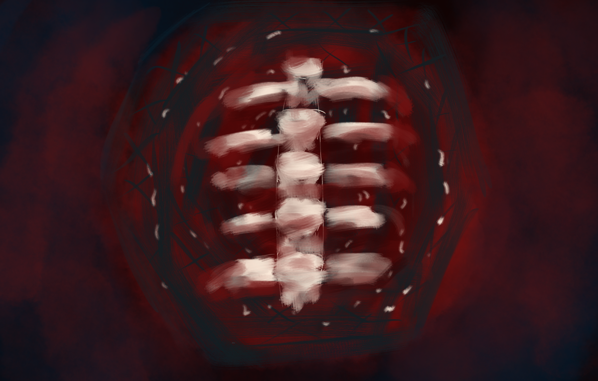 A stylised digital painting of a bloody ribcage with maggots in it