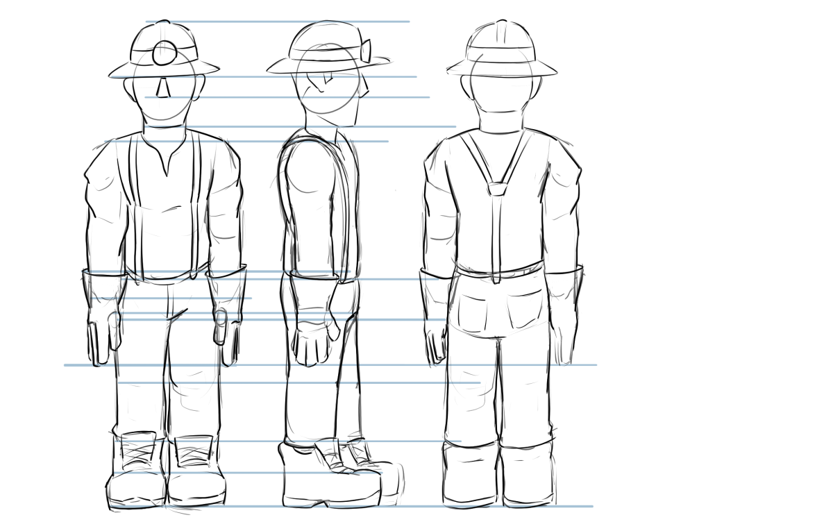 A character sheet of a faceless person dressed like a miner