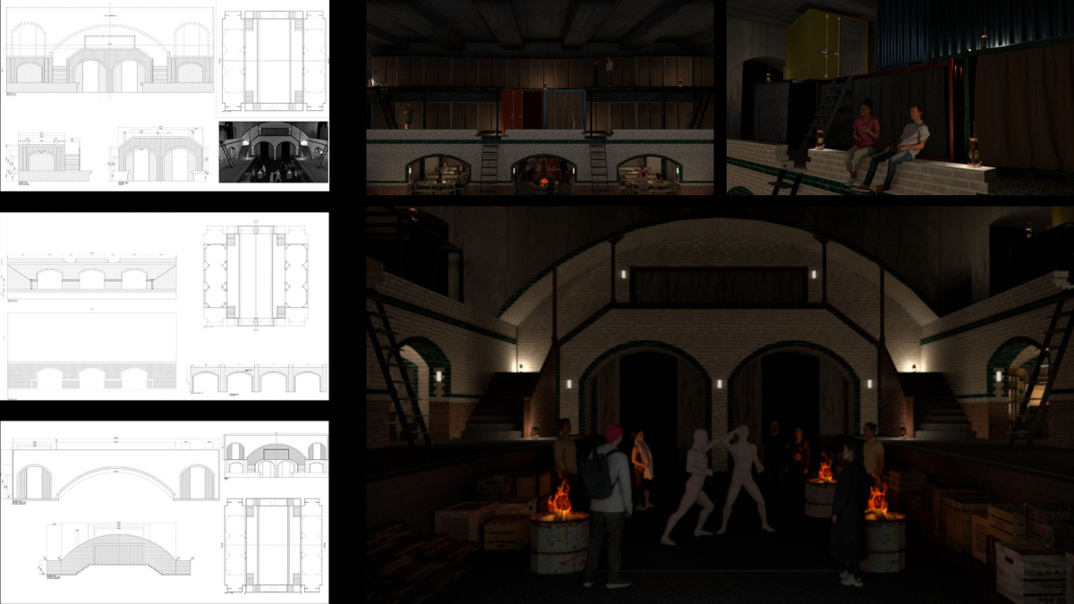 Construction drawings and 3D render for set build: College Enclave