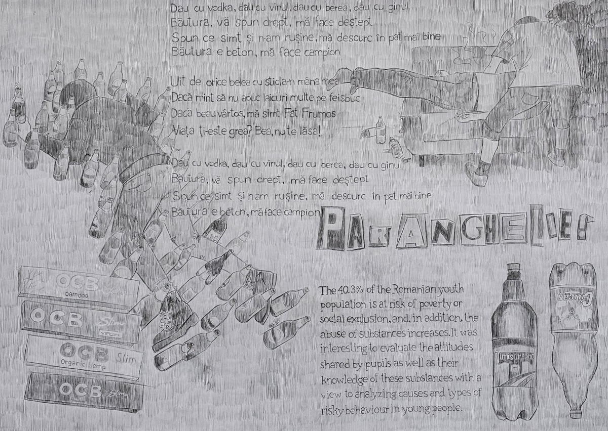 A drawn out collage containing text in both Romanian and English, Romanian beer bottles, cigarette skins, and people passed out from drinking