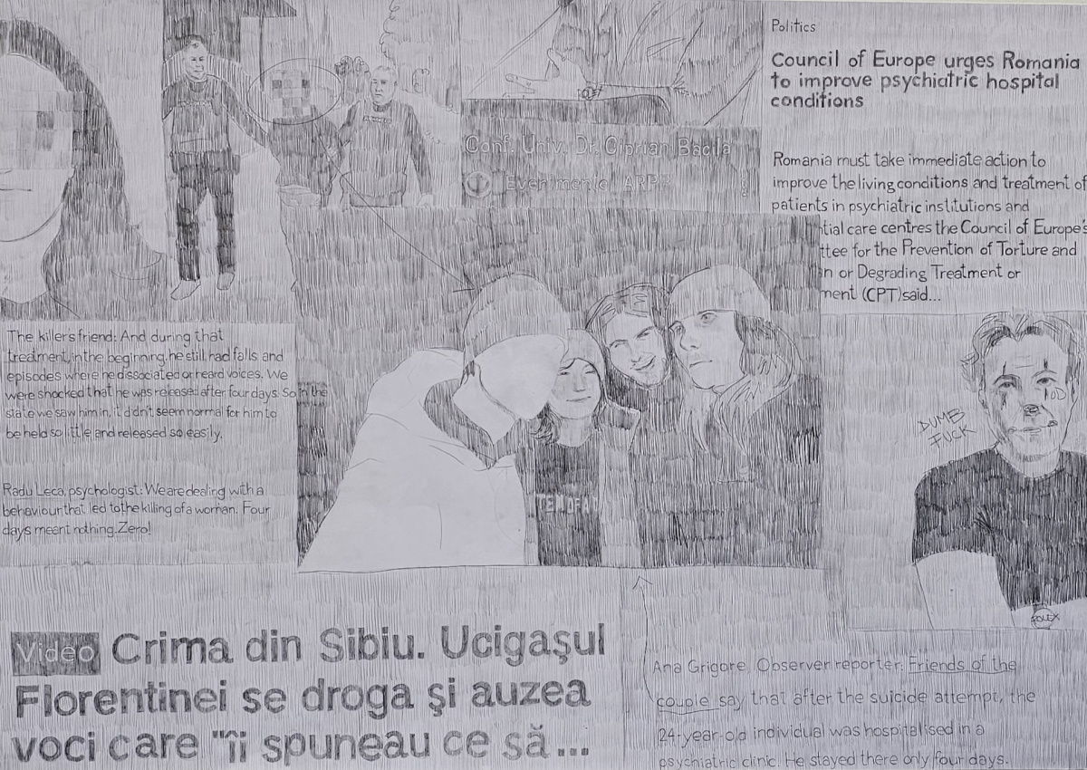 A drawn out collage containing text in both Romanian and English, journal articles, photos from an arrest, a friend group with one person's face blank, a person with clown makeup drawn on